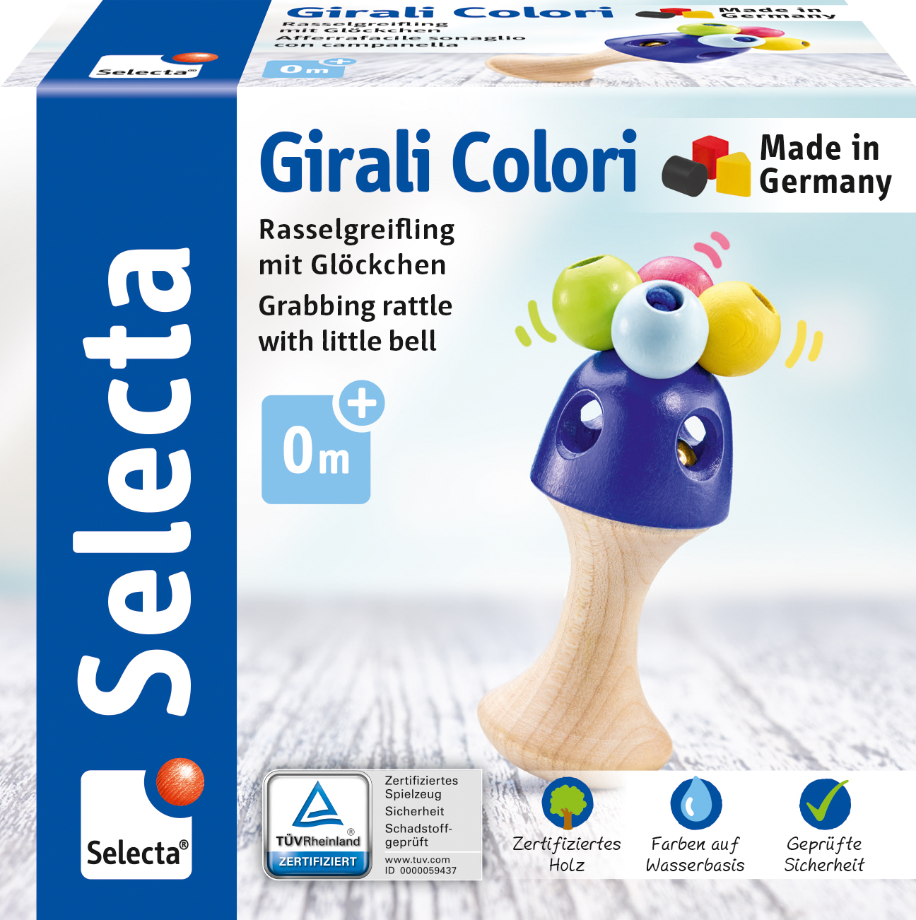 Ein Babyrasselspielzeug mit bunten Kugeln und einem Holzgriff. Auf der Verpackung steht 'Girali Colori' und 'Made in Germany'.
