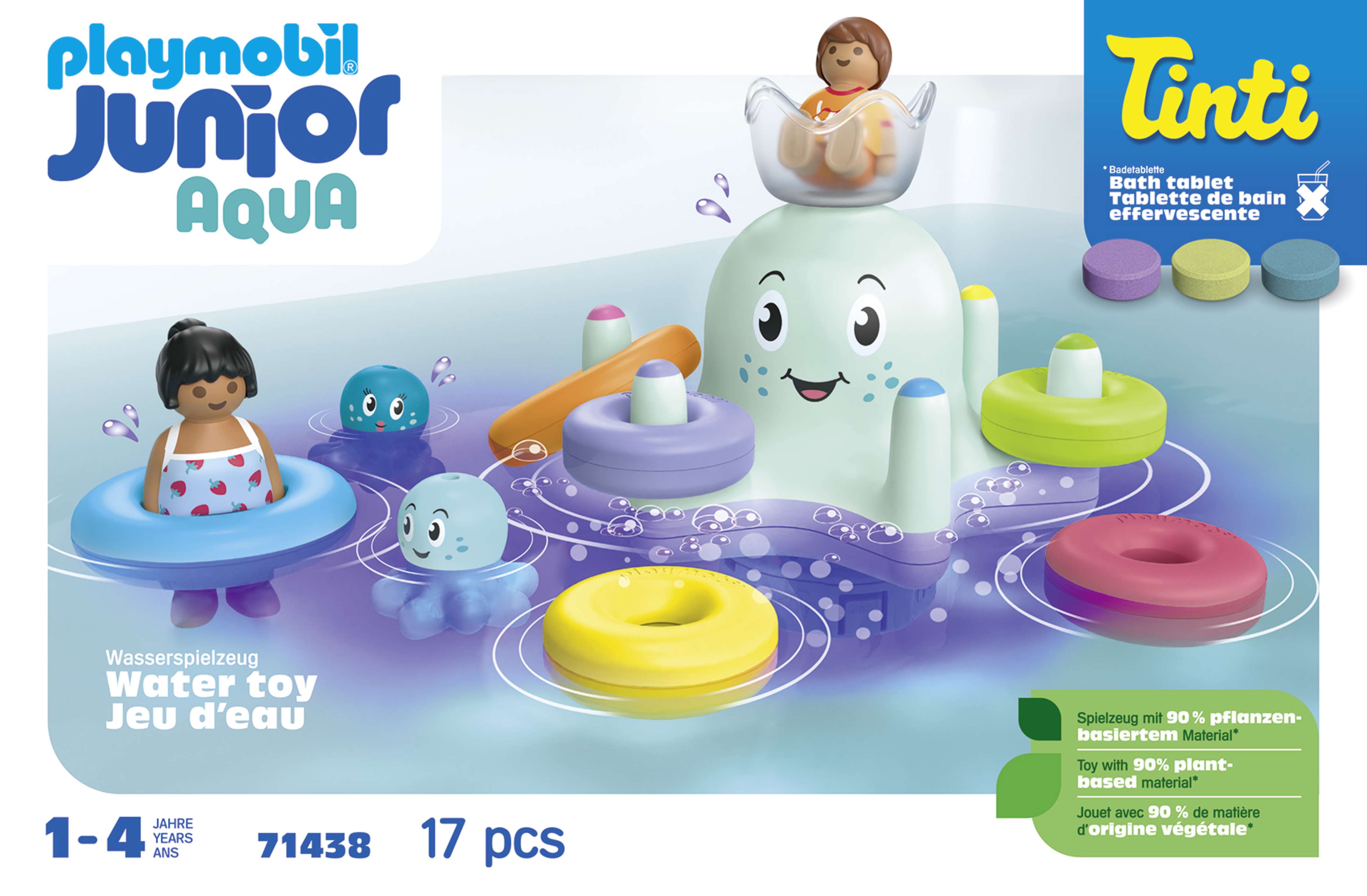 Zestaw zabawek wodnych Playmobil Aqua. Zawiera figurki, ośmiornicę, pierścienie i tabletki do kąpieli. Kolorowy design.