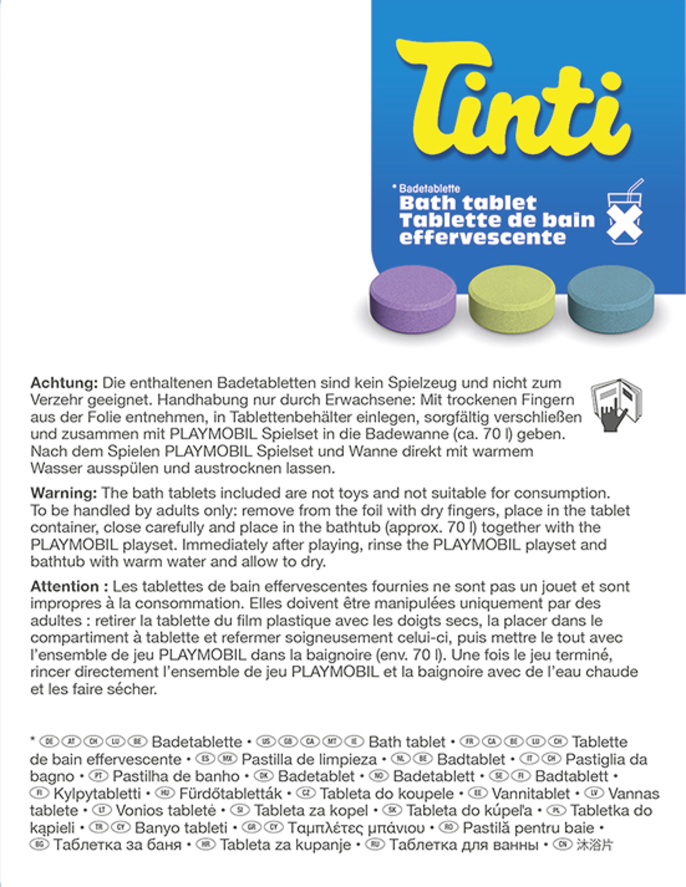 Obraz przedstawia trzy tabletki do kąpieli, fioletową, żółtą i niebieską, z tekstem w kilku językach i marką Tinti.