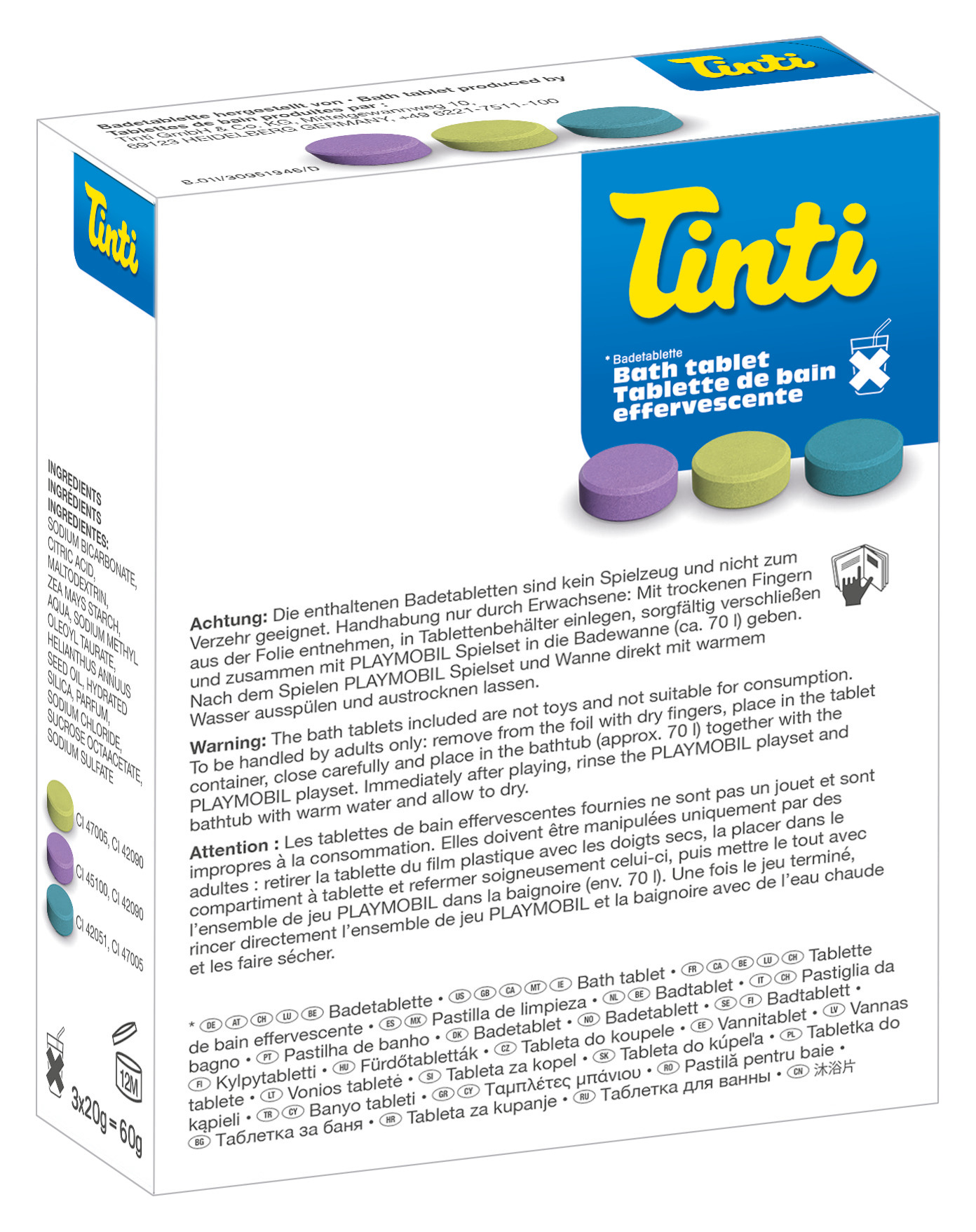 Pudełko z logo Tinti i trzema kolorowymi tabletkami do kąpieli. Tekst w wielu językach.