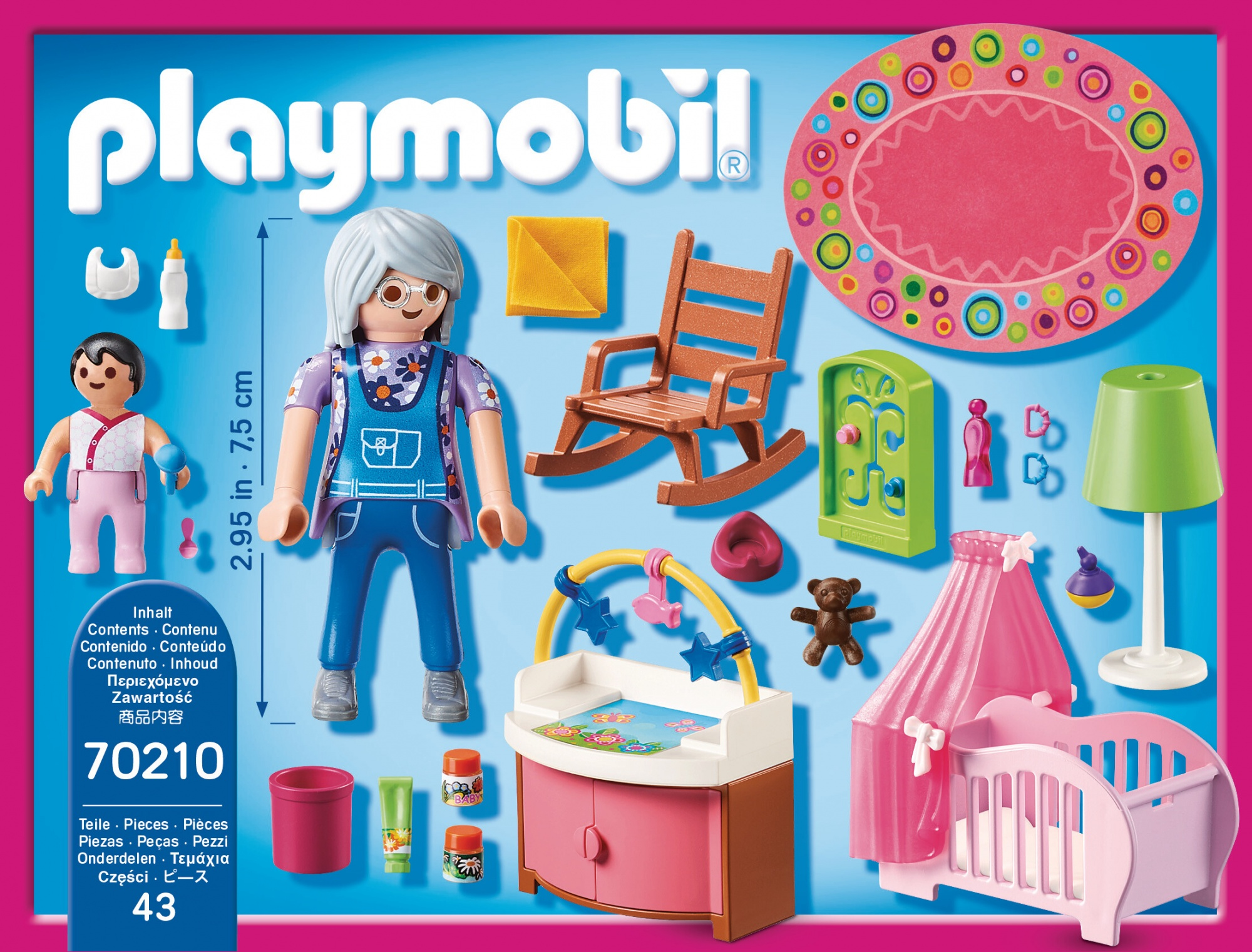 Zestaw Playmobil z artykułami do pielęgnacji dziecka: łóżeczko, przewijak, fotel bujany, lampa i figurki dziecka i kobiety.