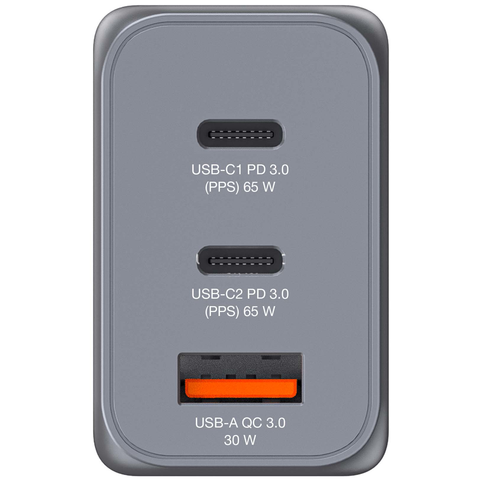Graues USB-Ladegerät mit drei Anschlüssen: zwei USB-C und ein USB-A. Text zeigt die Leistung jedes Anschlusses an.