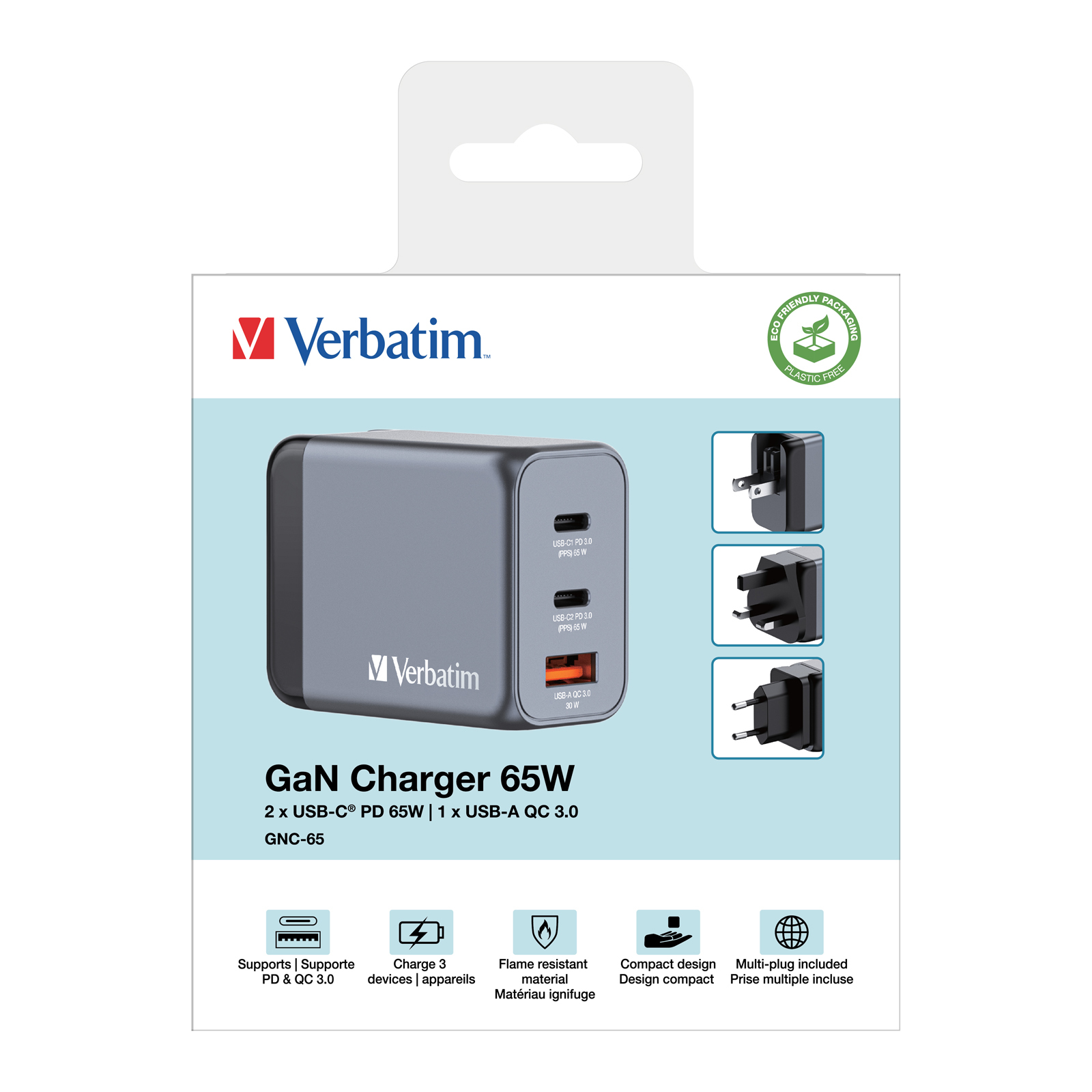 Ein graues Verbatim GaN-Ladegerät mit drei USB-Anschlüssen und mehreren Adaptersteckern. Die Verpackung ist plastikfrei.