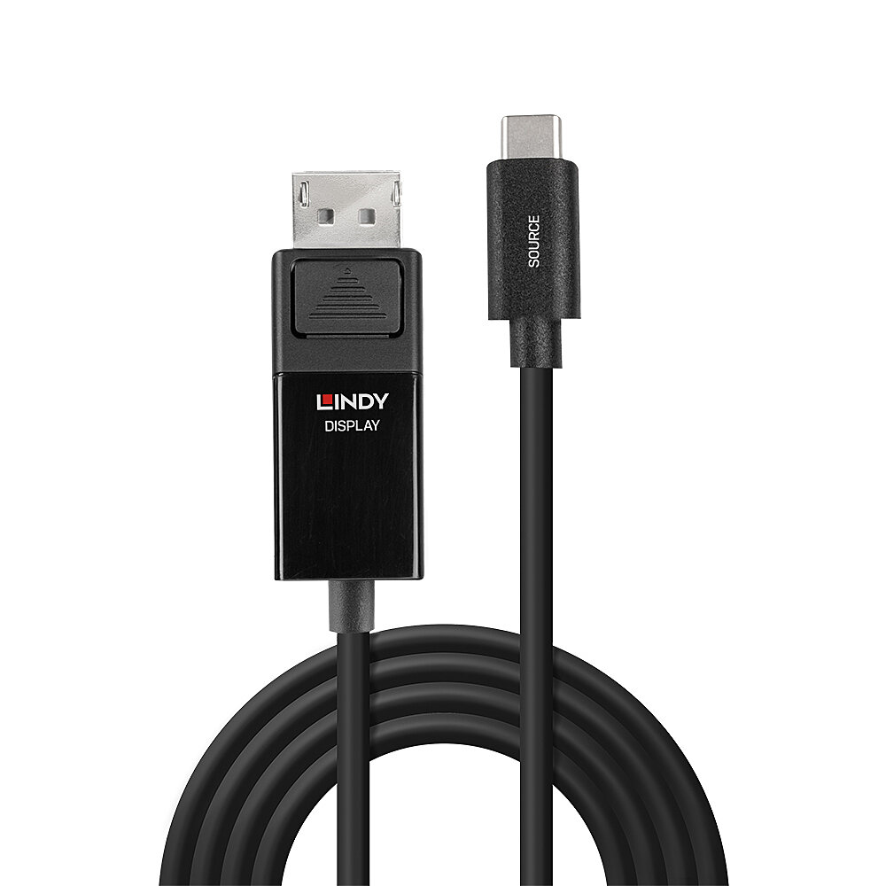 Un cavo LINDY DisplayPort nero con connettore USB-C. Il cavo è arrotolato, i connettori sono in alto.