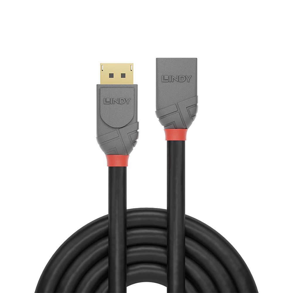 Kabel displayport LINDY z szarymi złączami i czarnym kablem. Czerwony pasek jest widoczny w pobliżu złączy.