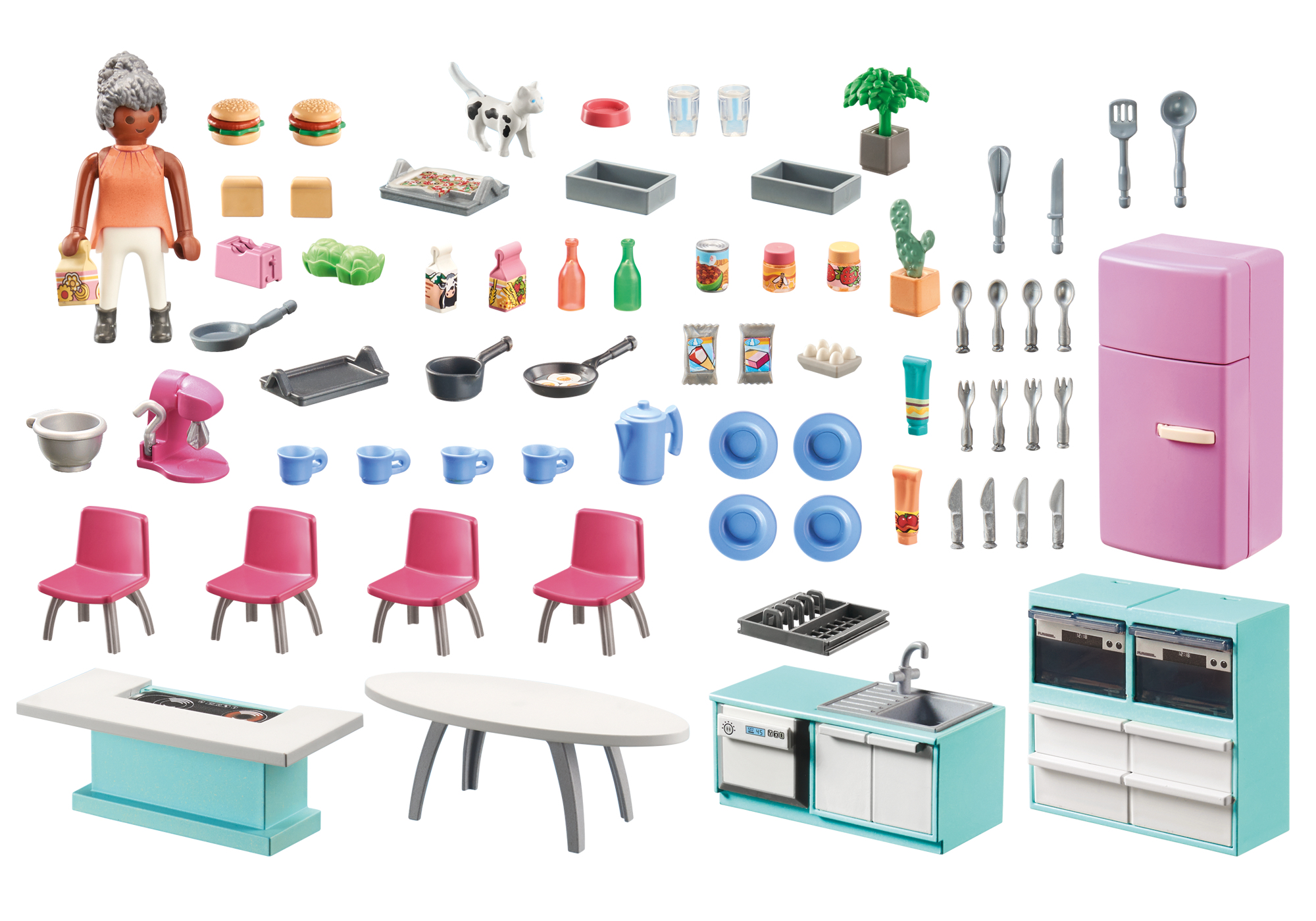Ein Küchenspielset mit einer Figur, Katze, Lebensmitteln und Geräten wie Kühlschrank und Backofen. Verschiedene Utensilien und Möbel sind vorhanden.