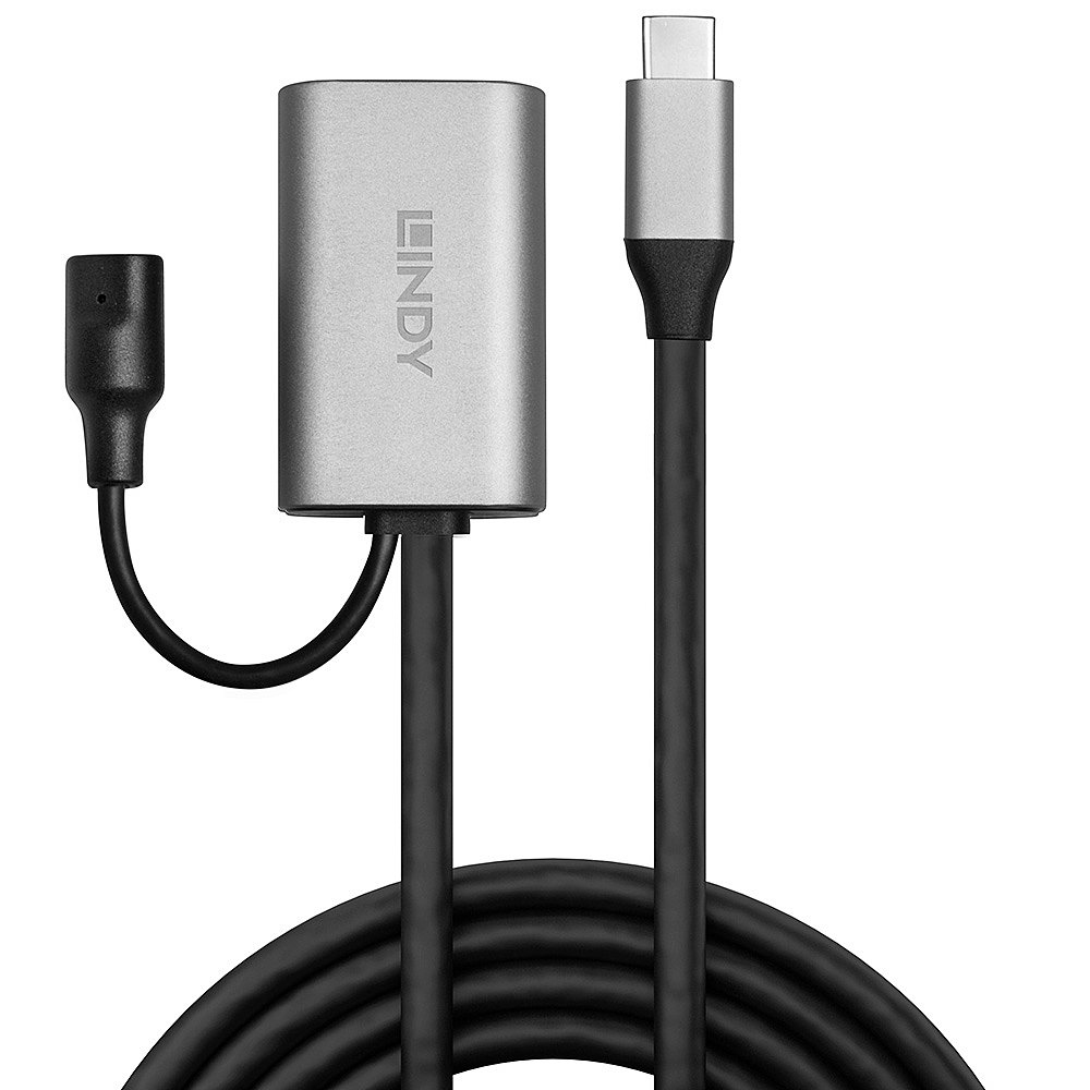 Ein silberner LINDY-Adapter mit schwarzen Kabeln und Anschlüssen, einschließlich USB-C und einem anderen Anschluss. Schwarzes Kabel ist aufgerollt.