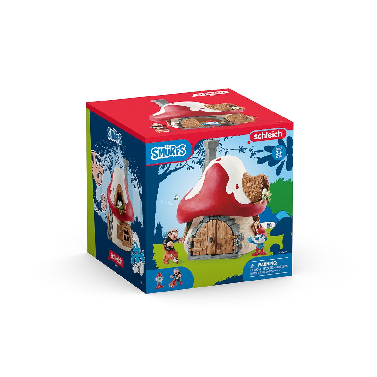 Set di giocattoli dei Puffi in scatola. Presenta una casa a fungo rossa e bianca, personaggi dei Puffi e marchio: The Smurfs, Schleich. Avviso presente.
