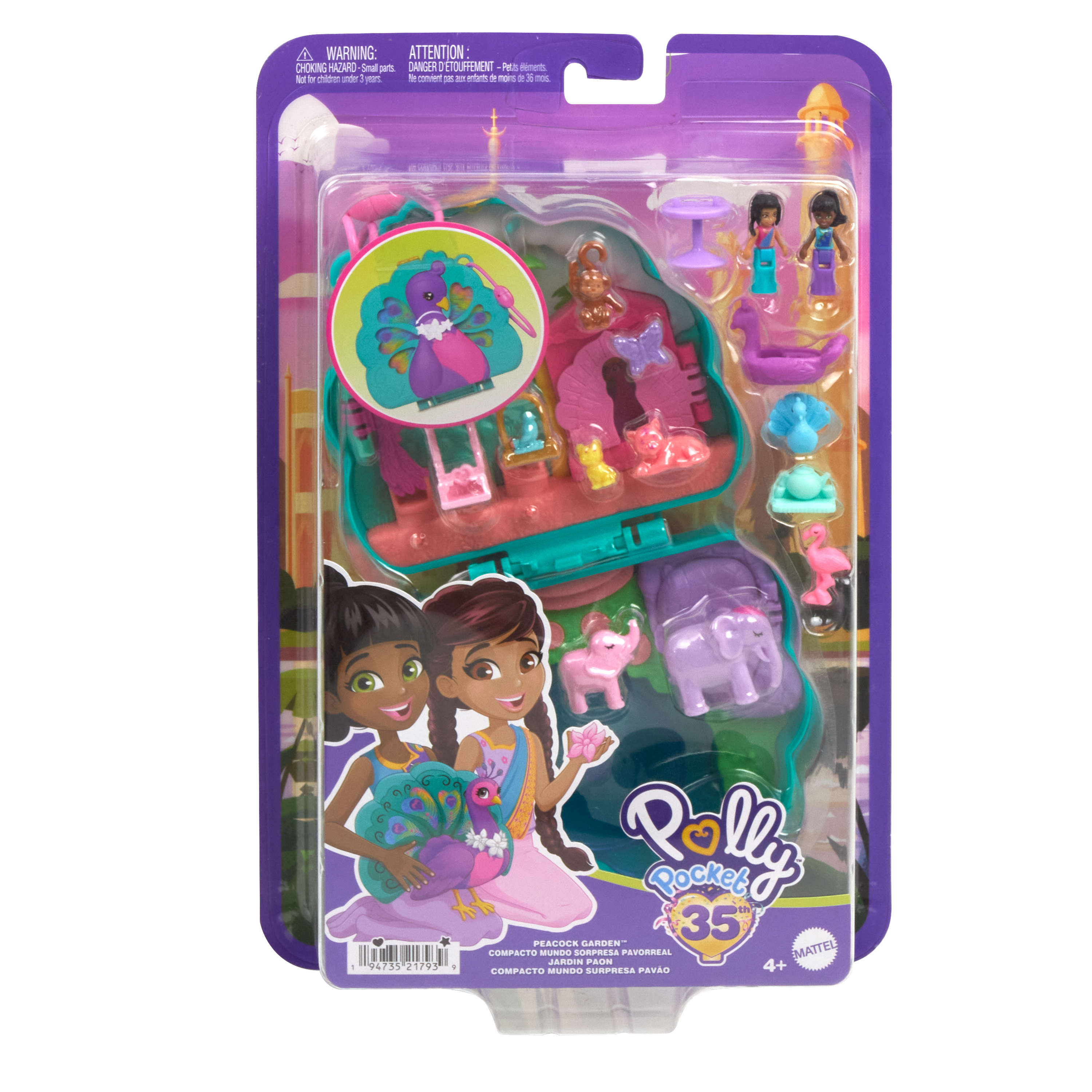 Zestaw zabawek Polly Pocket w fioletowym opakowaniu z figurkami, pawiem i figurkami słoni.