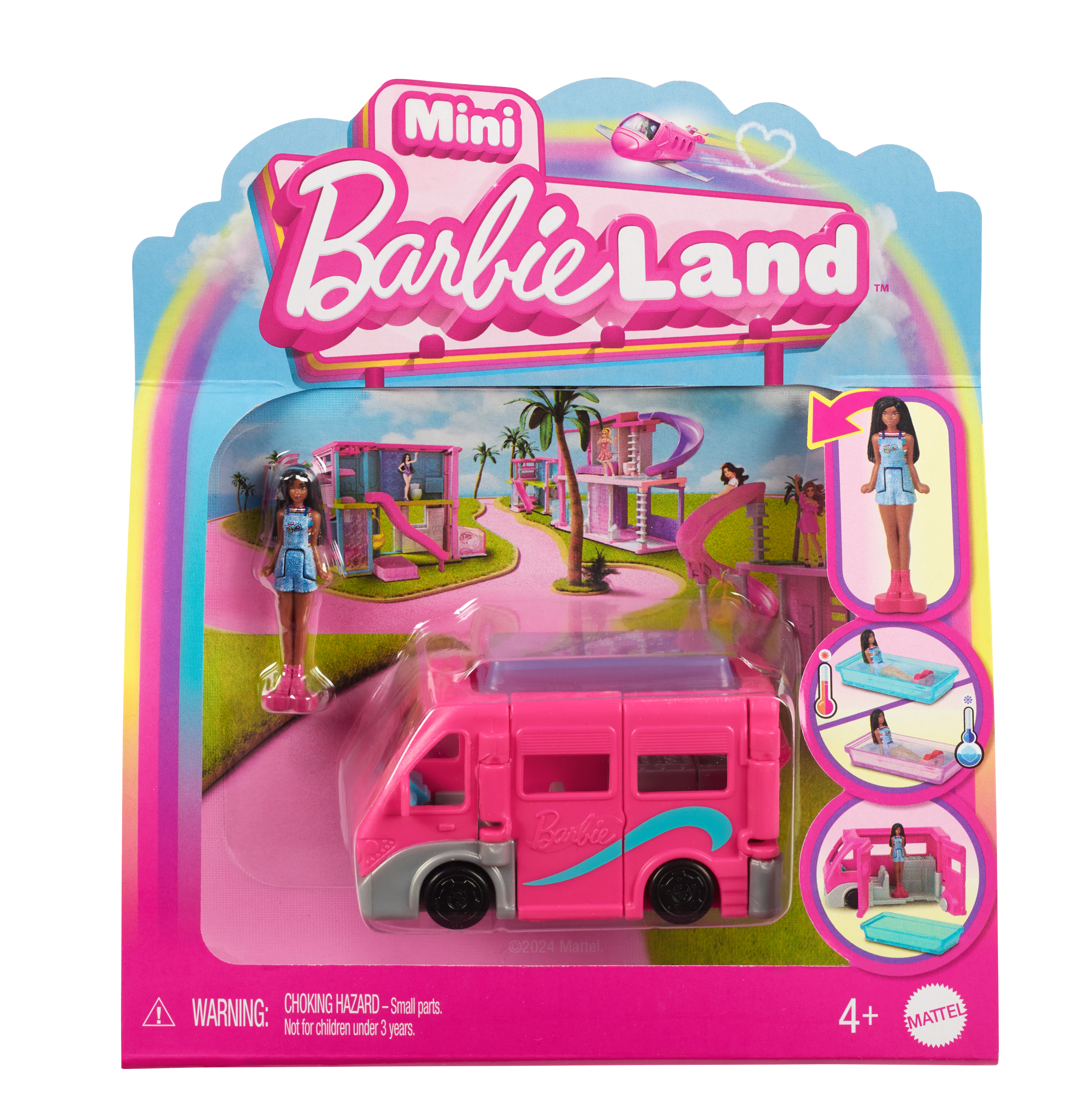 Zestaw do zabawy Barbie Land. Pudełko przedstawia różowego kampera, lalki i scenę Barbie Land w tle.
