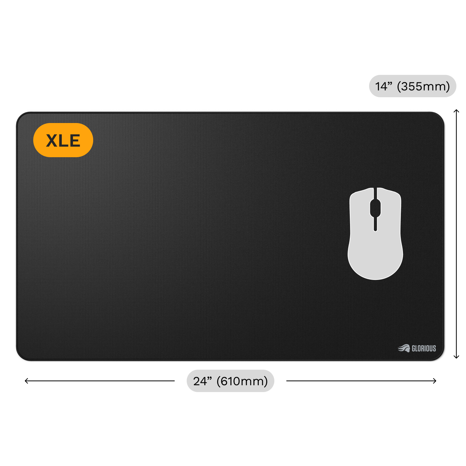 Czarna podkładka pod mysz z białą myszą. Podkładka ma napis XLE. Podano wymiary.