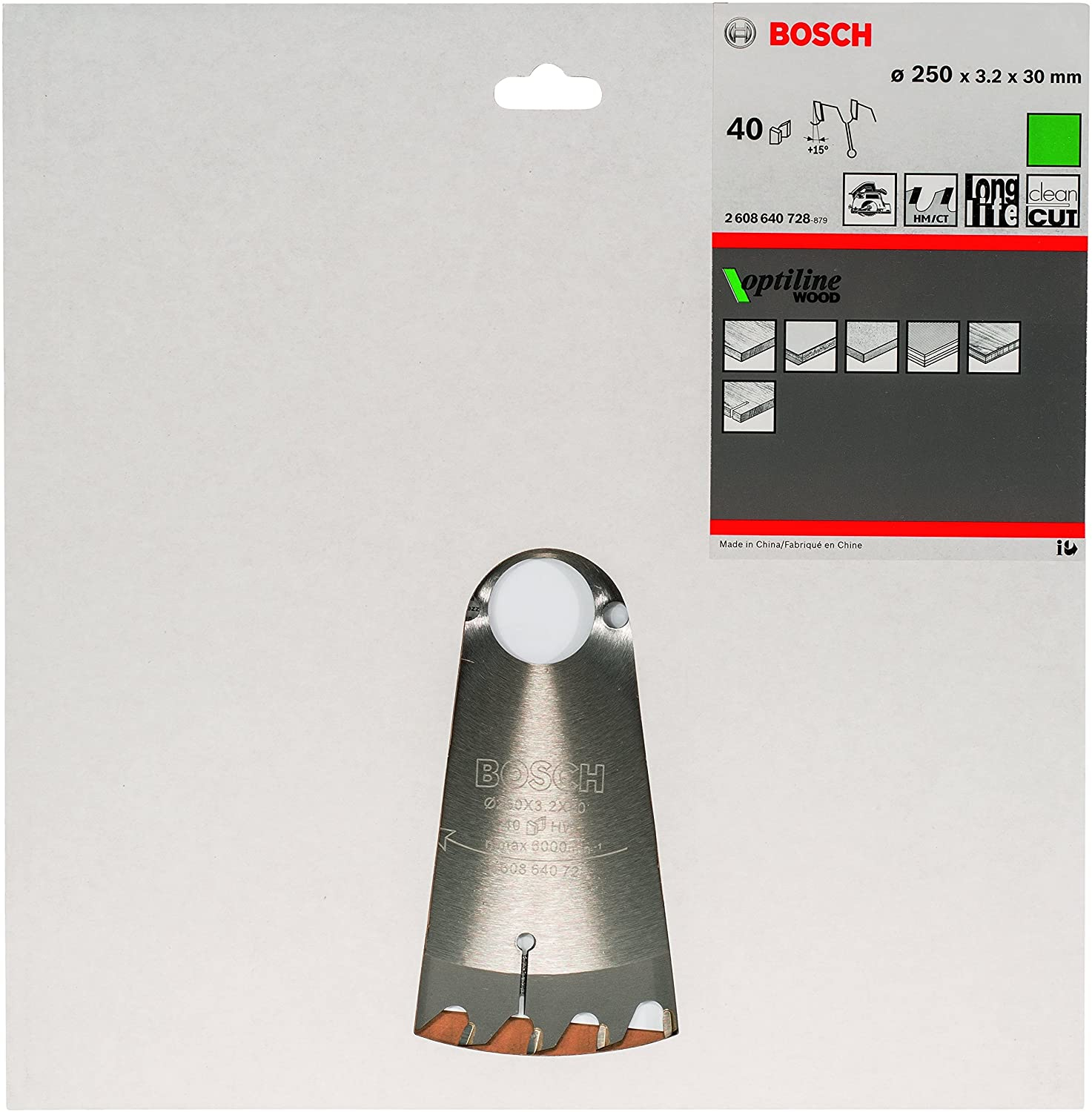 Ein Bosch-Sägeblatt auf einer weißen Verpackung. Es hat ein Loch in der Mitte, ein Markenlogo und Text. Die Verpackung ist grün und weiß.