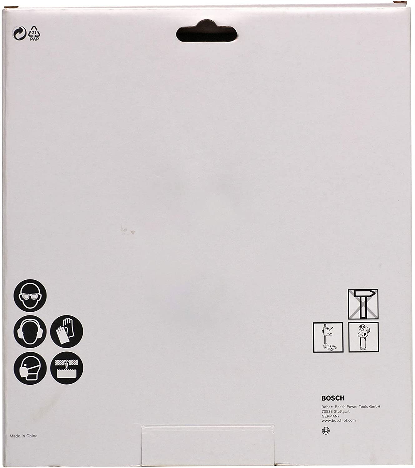 Weiße Bosch-Box mit Sicherheitssymbolen, Recycling-Symbol und Text. Enthält ein Aufhängeloch. Hergestellt in China.