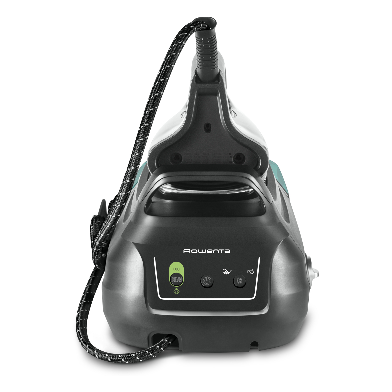Una plancha negra y plateada con un cable blanco y negro. La plancha tiene un botón de vapor y encendido. La marca es Rowenta.