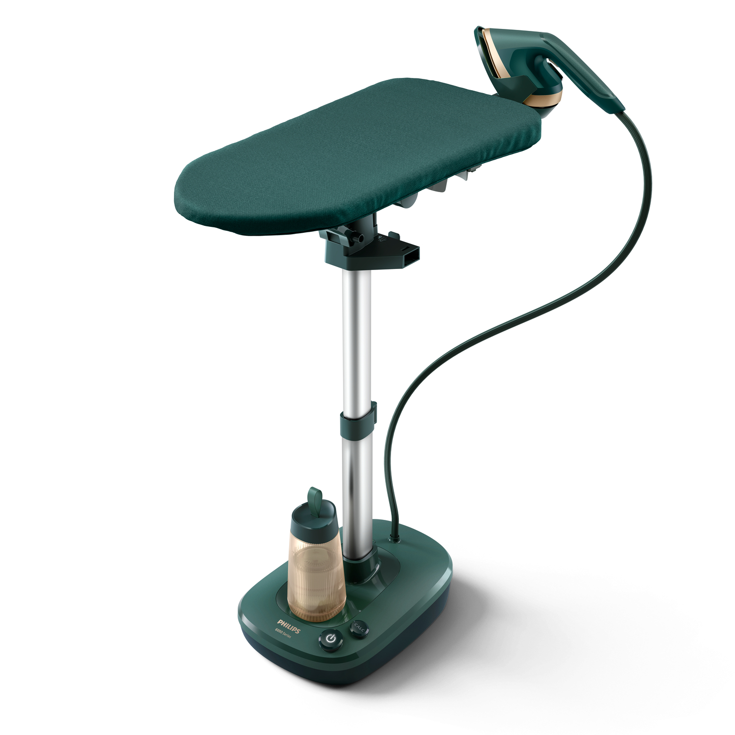 Zielony i złoty parownik do ubrań Philips. Ma małą deskę do prasowania, głowicę parową i zbiornik na wodę, wszystko na białym tle.