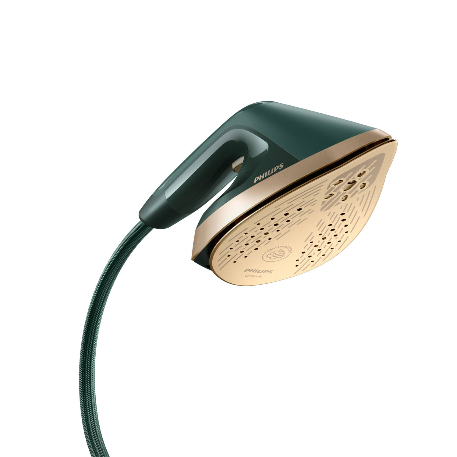 Zielono-złote żelazko parowe Philips. Żelazko jest pochylone, pokazując złotą stopę i zielony uchwyt. Zielony przewód łączy.