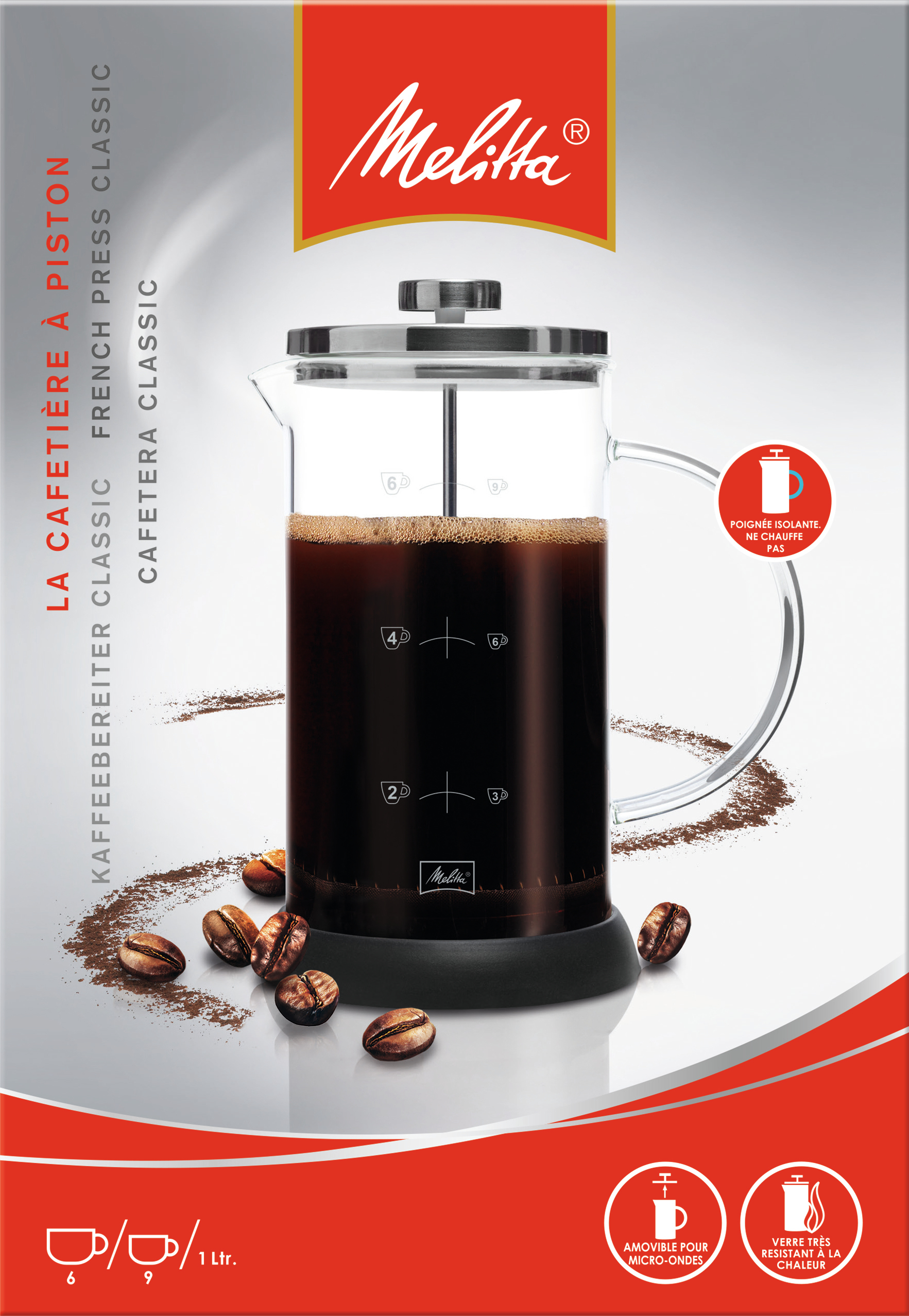 Una caffettiera a pistoni Melitta con chicchi di caffè. La caraffa di vetro è piena di caffè.