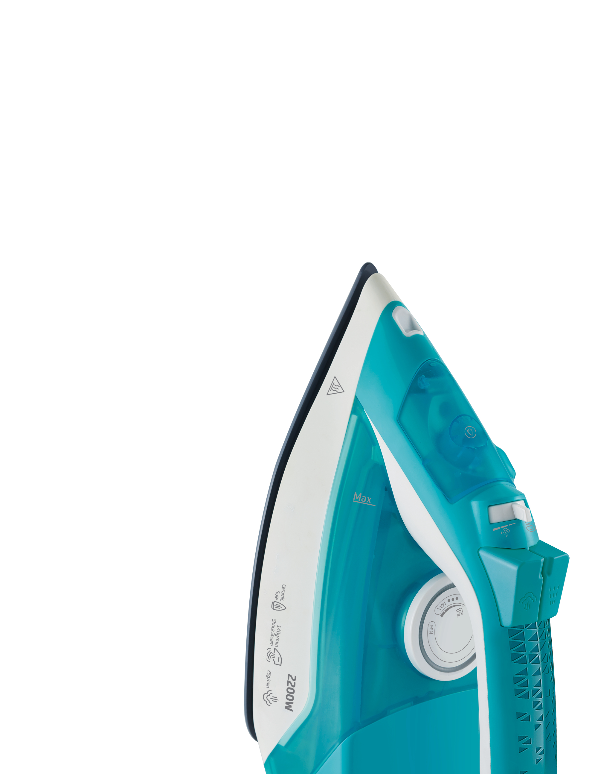 Un fer à repasser turquoise, avec des détails blancs, sur fond blanc. Il a des cadrans et des boutons pour la vapeur.