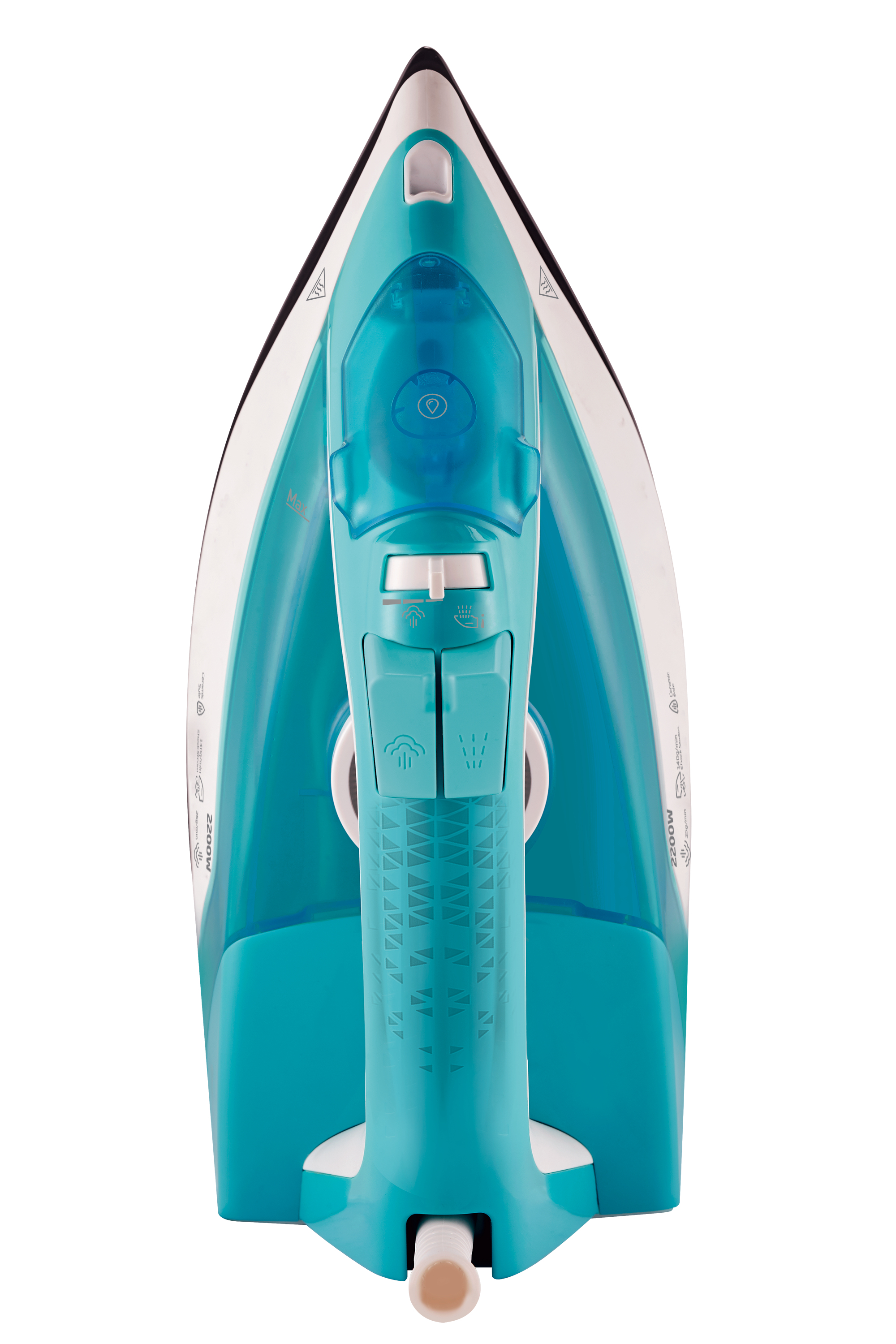 Un fer à repasser turquoise et blanc, vue de dessus. Il a une forme triangulaire avec une poignée et divers boutons.