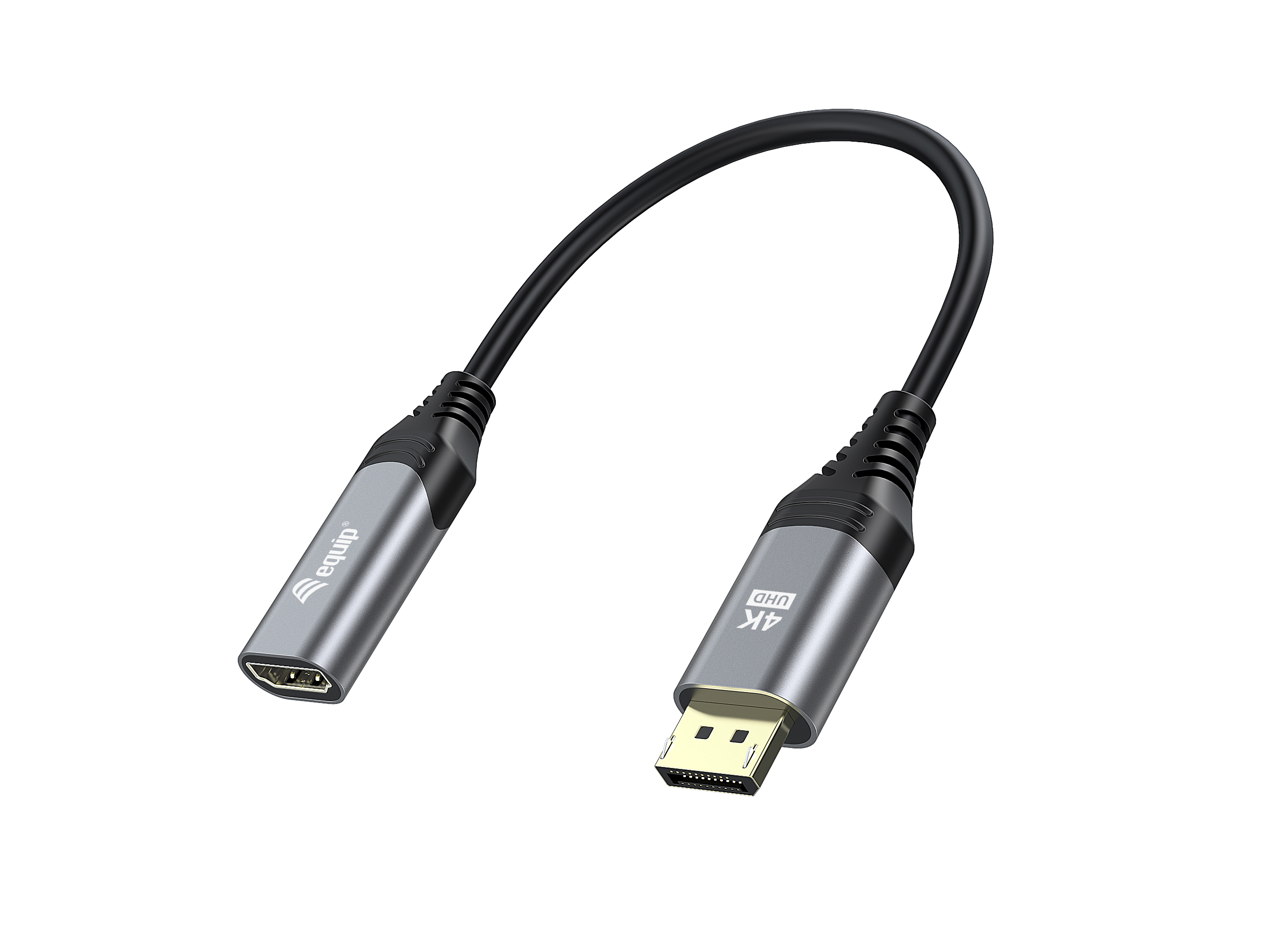 Kabel adaptera HDMI na DisplayPort. Jest czarny i szary, z 4k UHD na końcu DisplayPort.