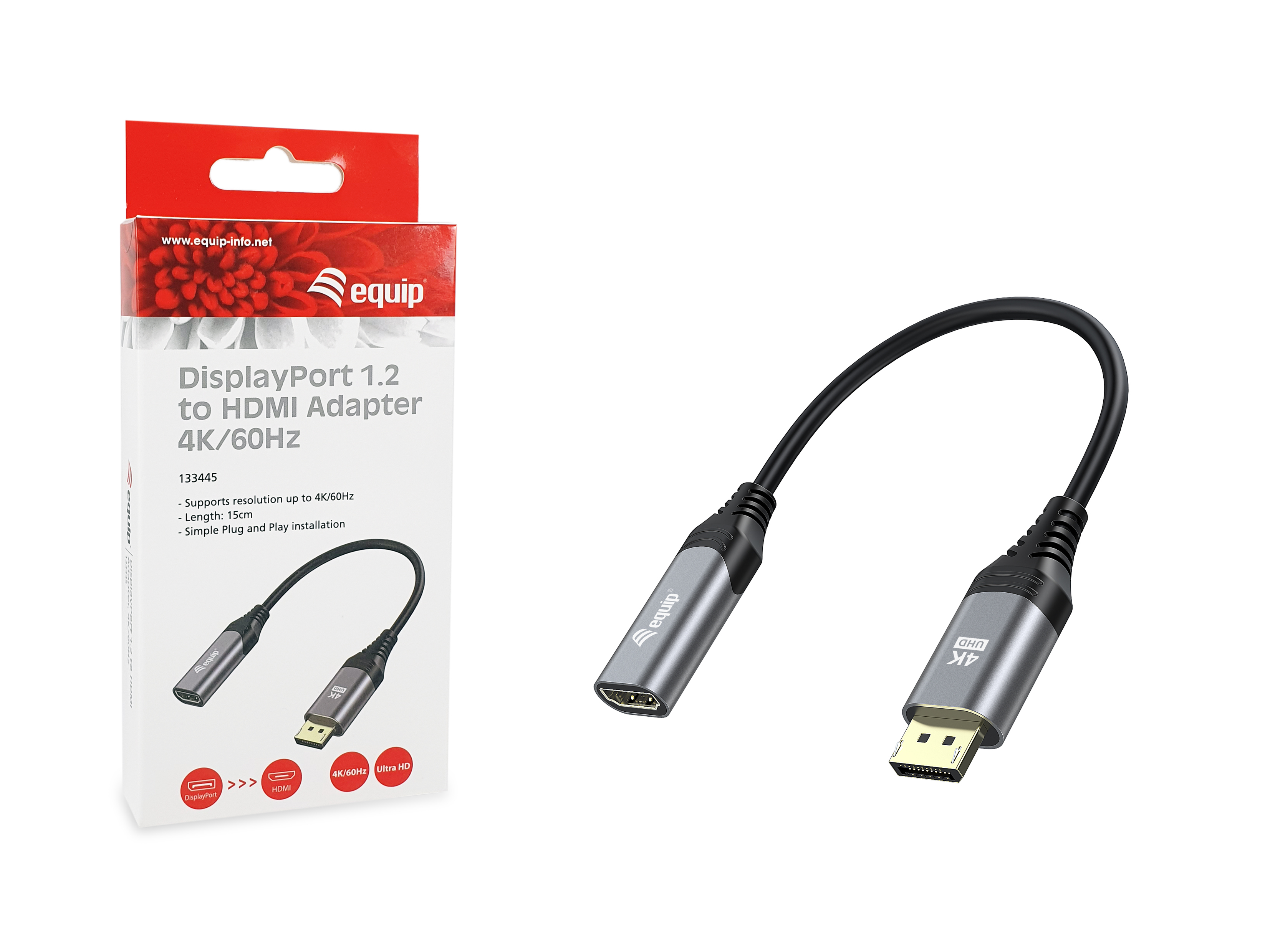 Adapter DisplayPort na HDMI. Pudełko pokazuje szczegóły, a produkt jest po prawej.