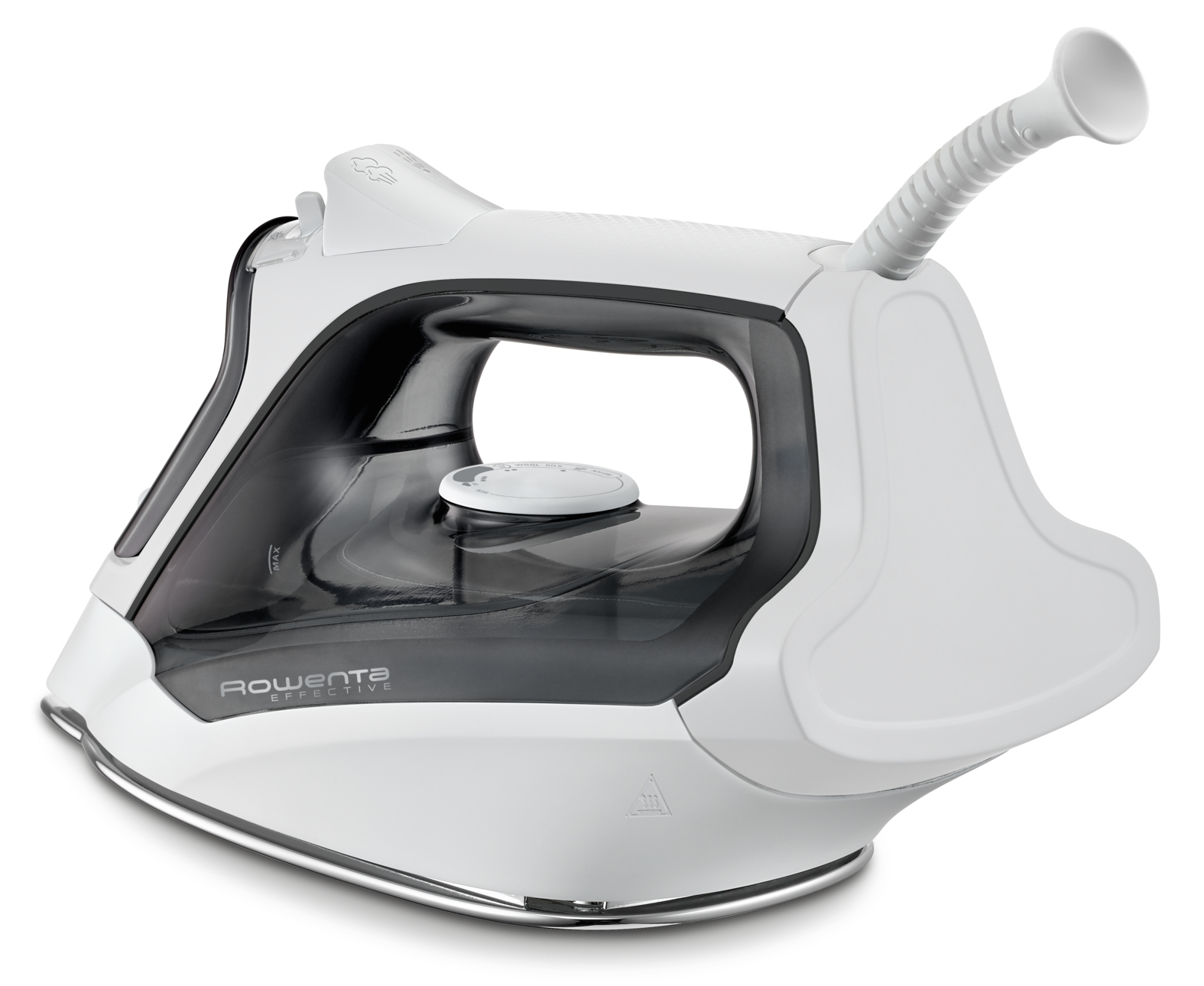 Biało-czarne żelazko Rowenta z długim, elastycznym wylewem. Znajduje się na białym tle, z cieniem.