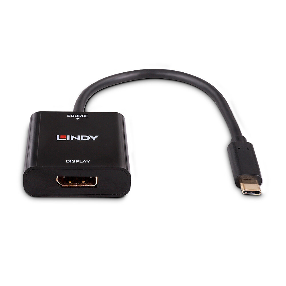 Schwarzer Lindy-Adapter mit HDMI-Anschluss und USB-C-Anschluss, verbunden durch ein schwarzes Kabel. 'Source' und 'Display' sind beschriftet.