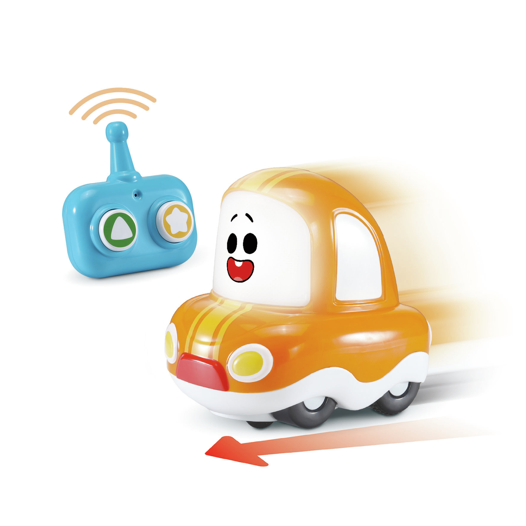 Un coche de juguete naranja con una cara sonriente, un mando a distancia azul y una flecha roja indicando movimiento.