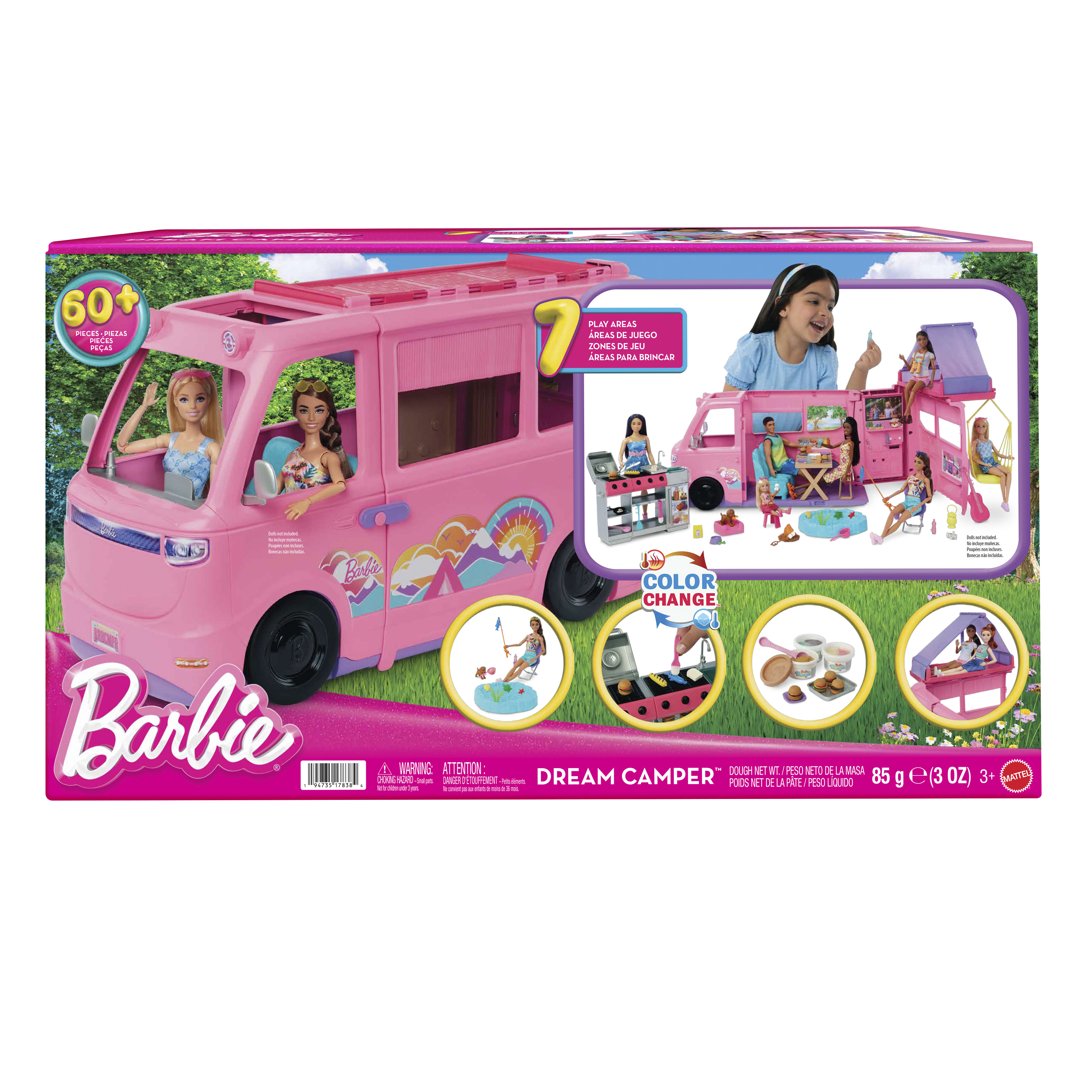 Różowe pudełko Barbie Dream Camper. Zawiera lalki i akcesoria kempingowe. Zawiera tekst i obrazy prezentujące funkcje zabawki.