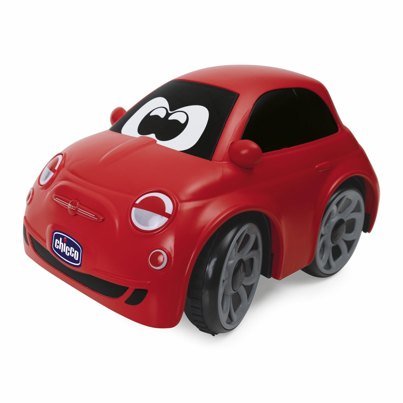 Ein rotes Spielzeugauto mit großen Augen auf der Windschutzscheibe. Es hat graue Räder und einen weißen Hintergrund.