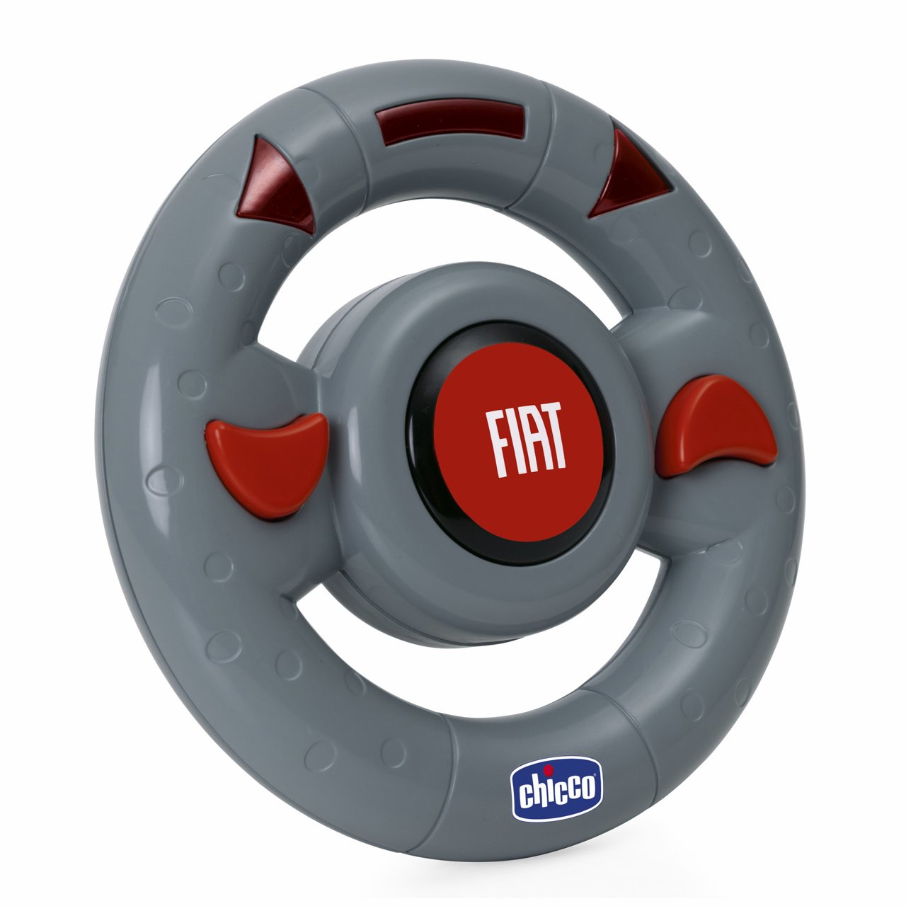 Ein graues Spielzeuglenkrad mit roten Akzenten und dem Wort 'FIAT' in Weiß auf einem roten Kreis in der Mitte.