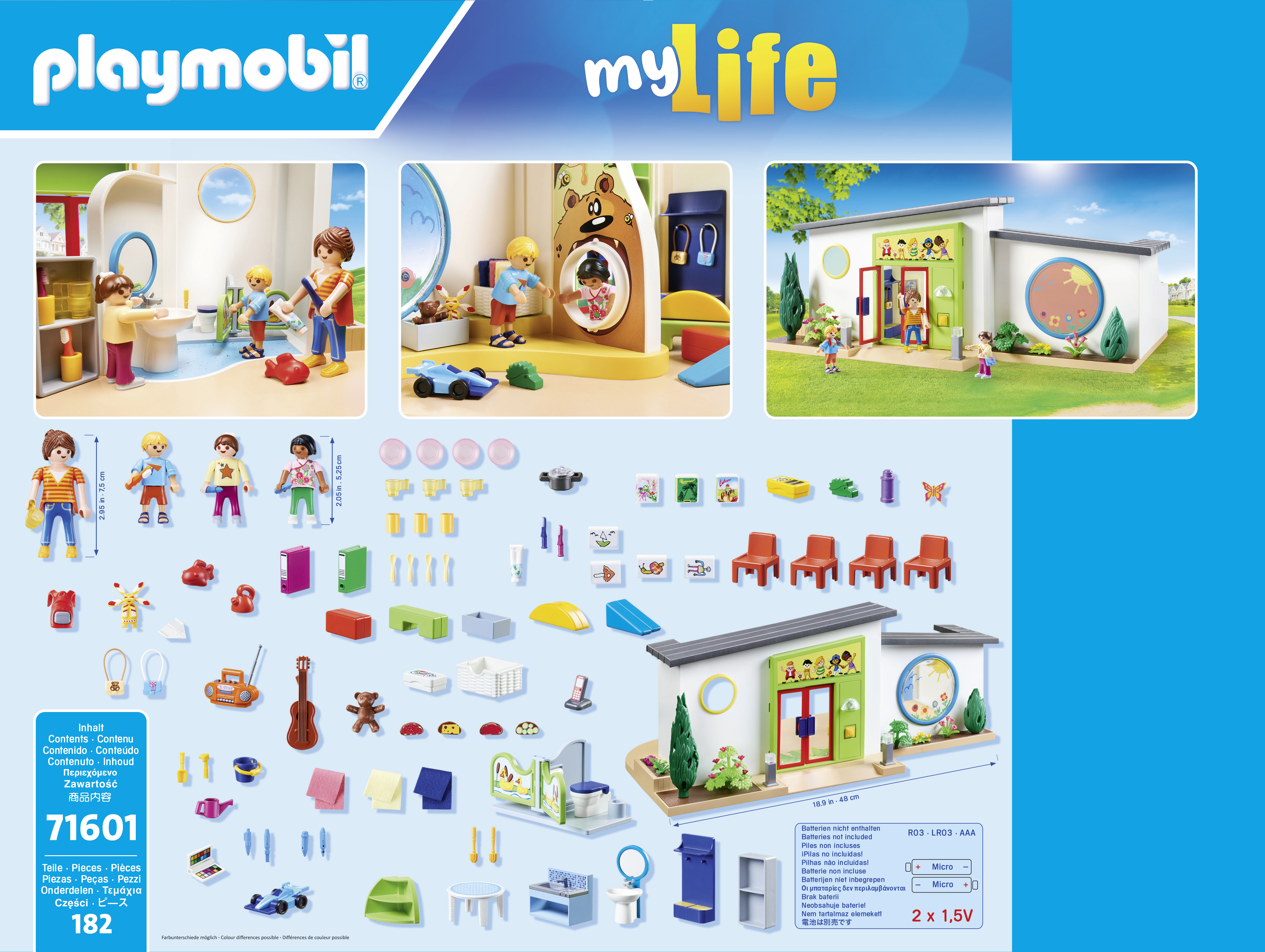 Un set Playmobil con personaggi e accessori. Il set include un bagno, un asilo nido e vari articoli.