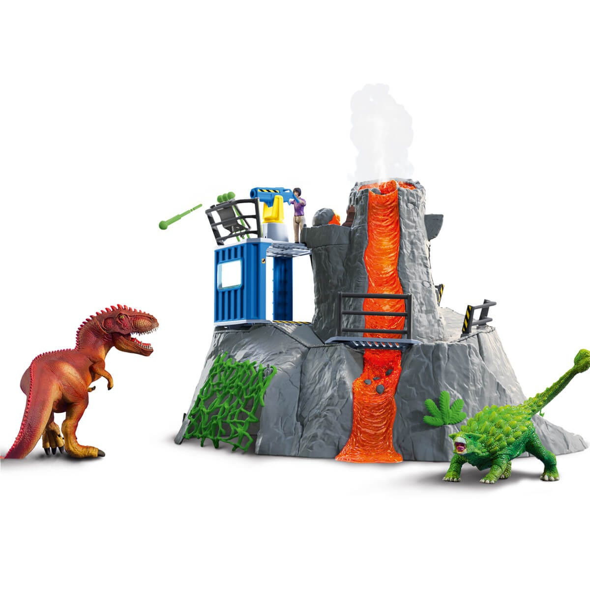 Scena giocattolo con dinosauri, vulcano con lava e container blu. Un dinosauro rosso guarda il vulcano.