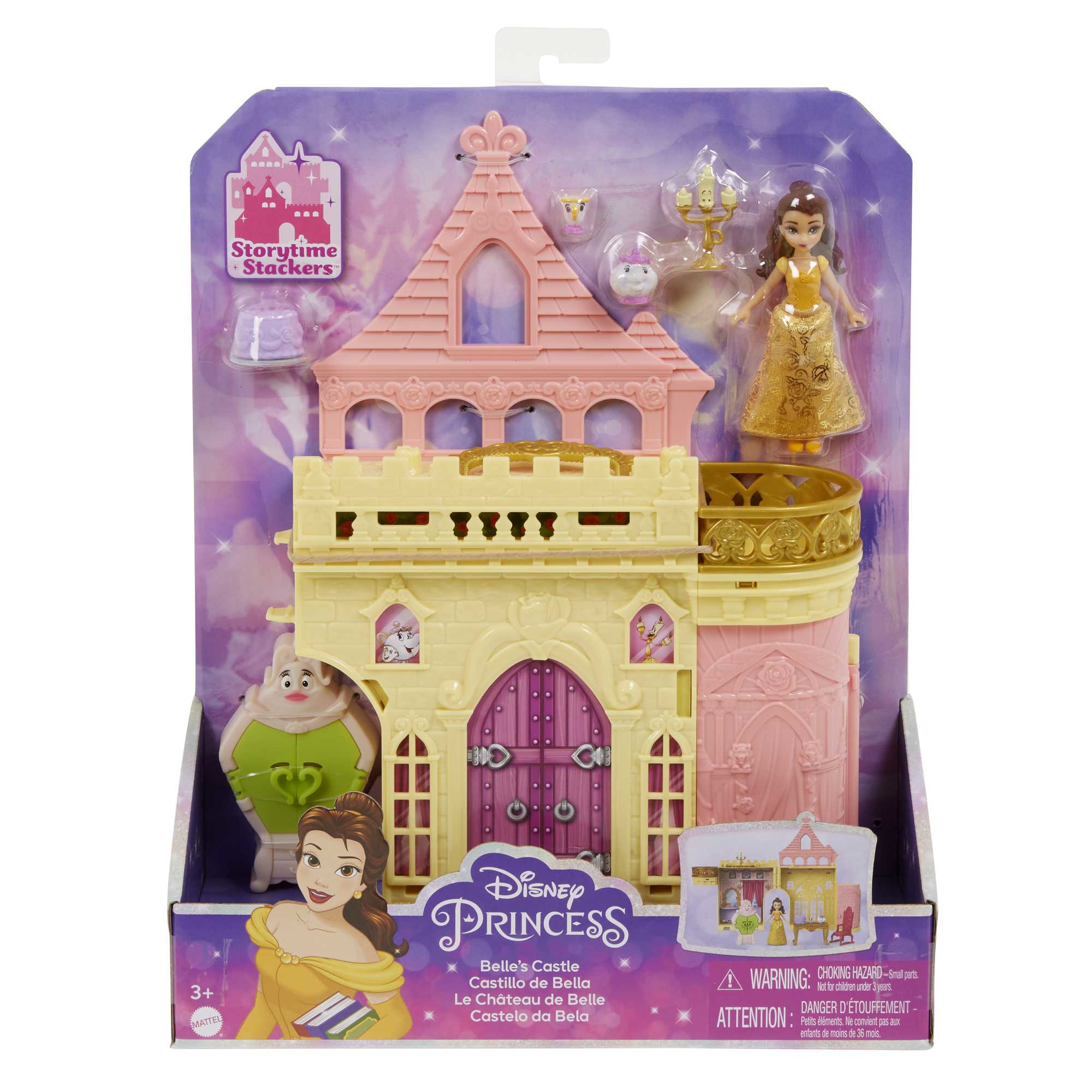 Ein Disney Princess Belle's Castle Spielzeugset in einer Box. Enthält ein Schloss, eine Belle-Puppe und andere Figuren.