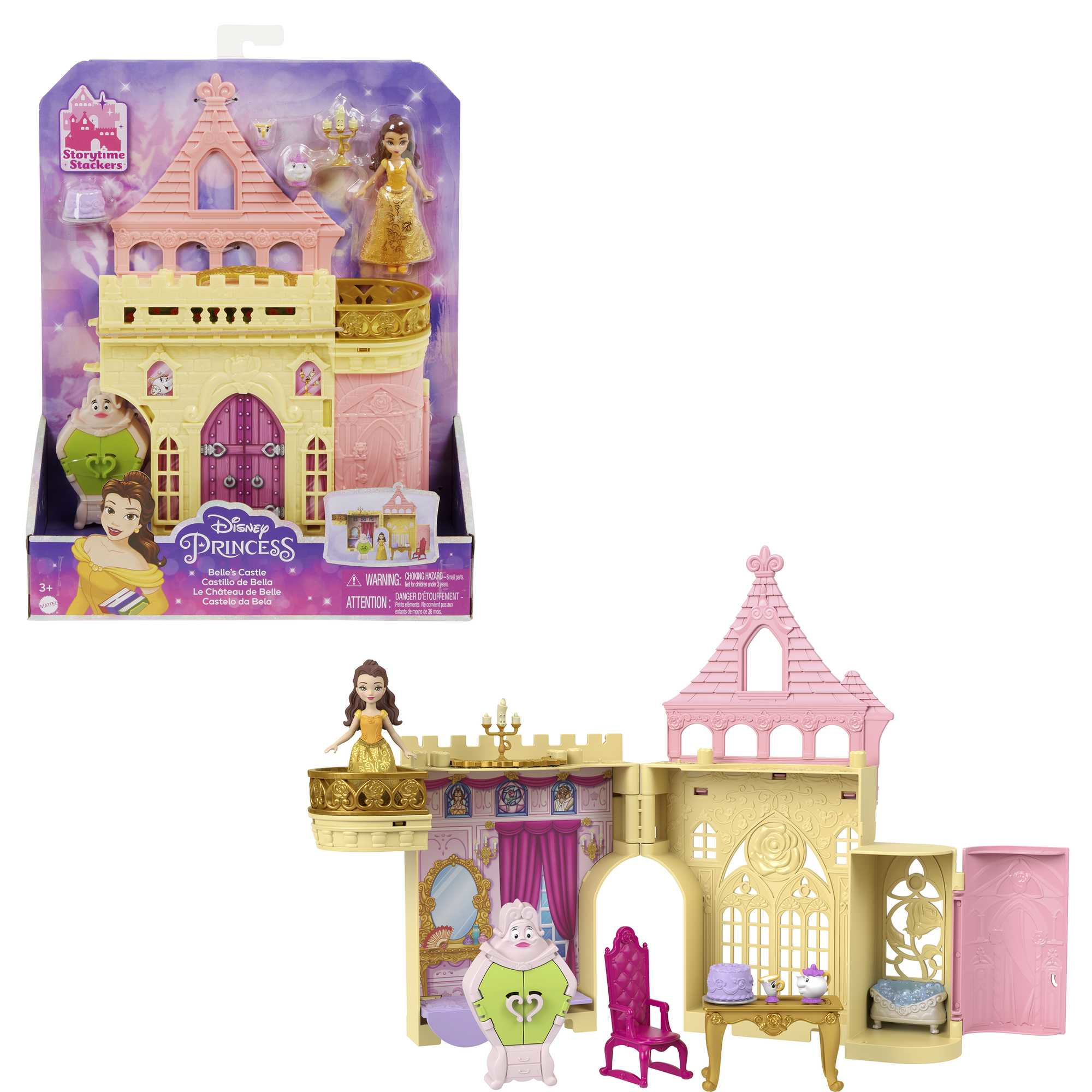 Ein Disney Princess Belle-Schloss-Spielset. Es zeigt ein rosa-gelbes Schloss mit Belle und anderen Charakterfiguren.