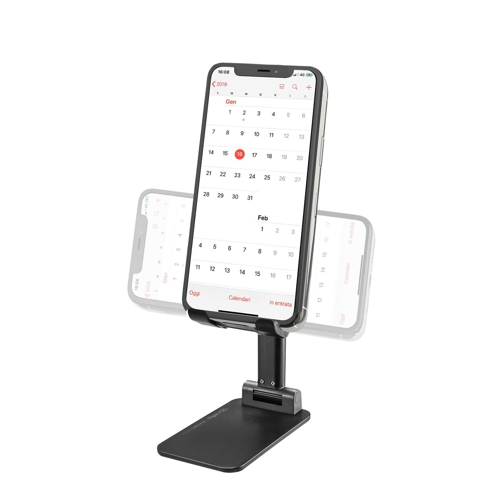 Ein Telefon mit Kalender ist auf einem schwarzen Ständer montiert. Das Telefon zeigt den 16. Januar an.