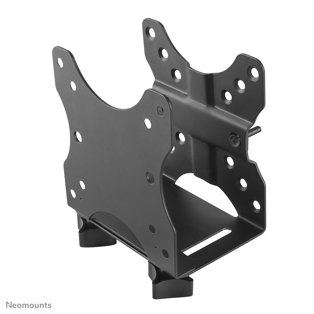 Un supporto TV in metallo nero con fori multipli. Ha un design a staffa con una base ed è su sfondo bianco.