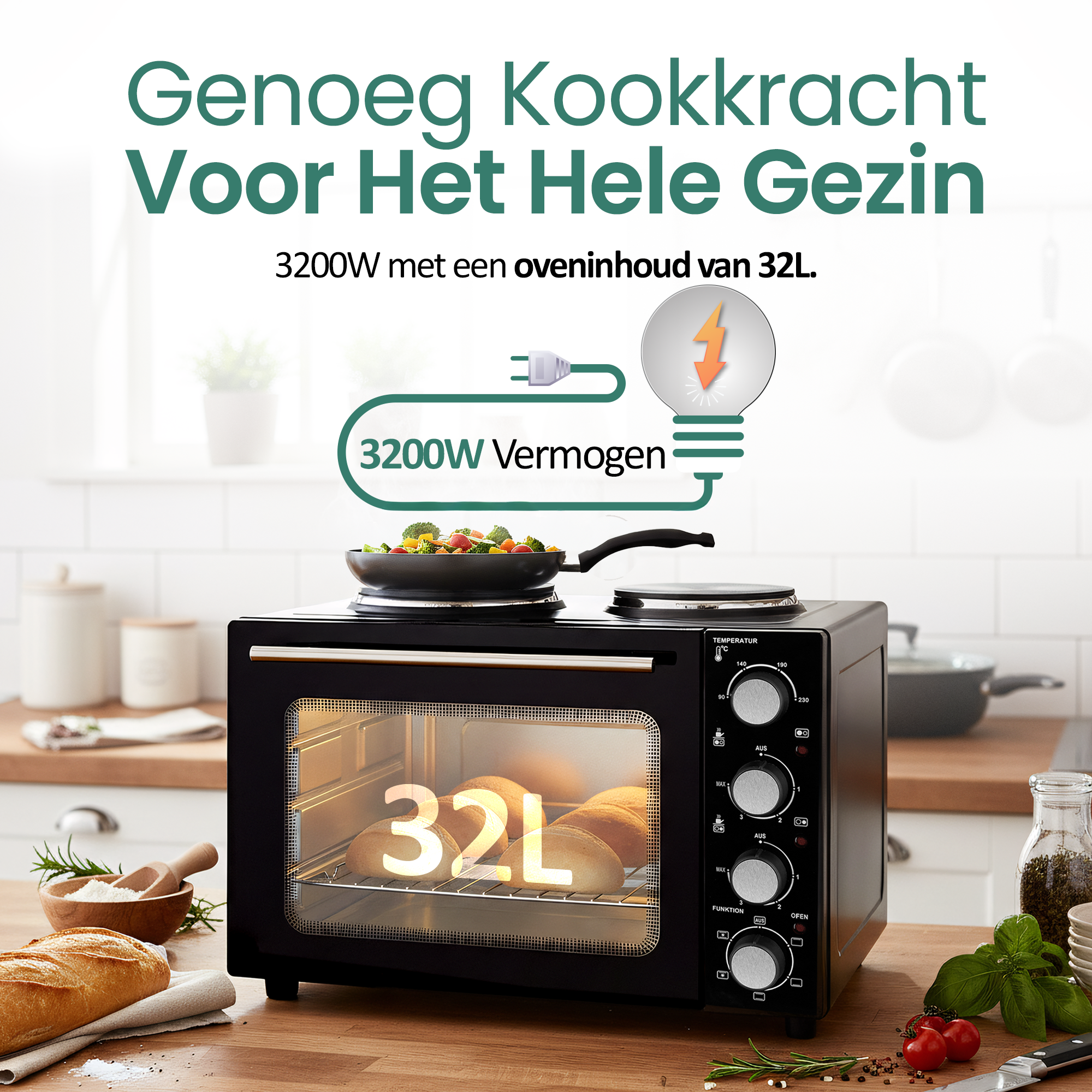 Een zwarte oven met glazen deur, een pan bovenop en brood erin. Tekst zegt 32L en 3200W, op een houten aanrecht.