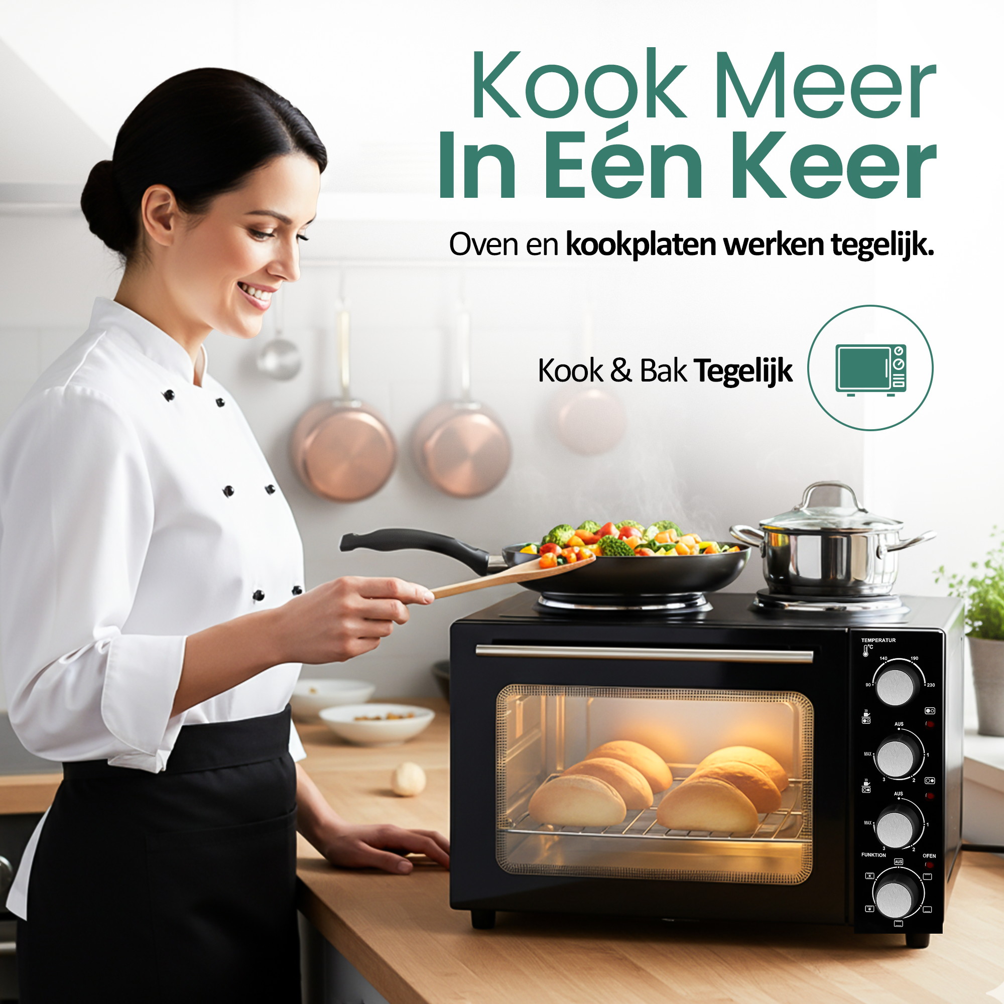 Een chef-kok bereidt eten. Een oven en kookplaat staan op een houten oppervlak. Een pan met groenten staat op de kookplaat, brood in de oven.