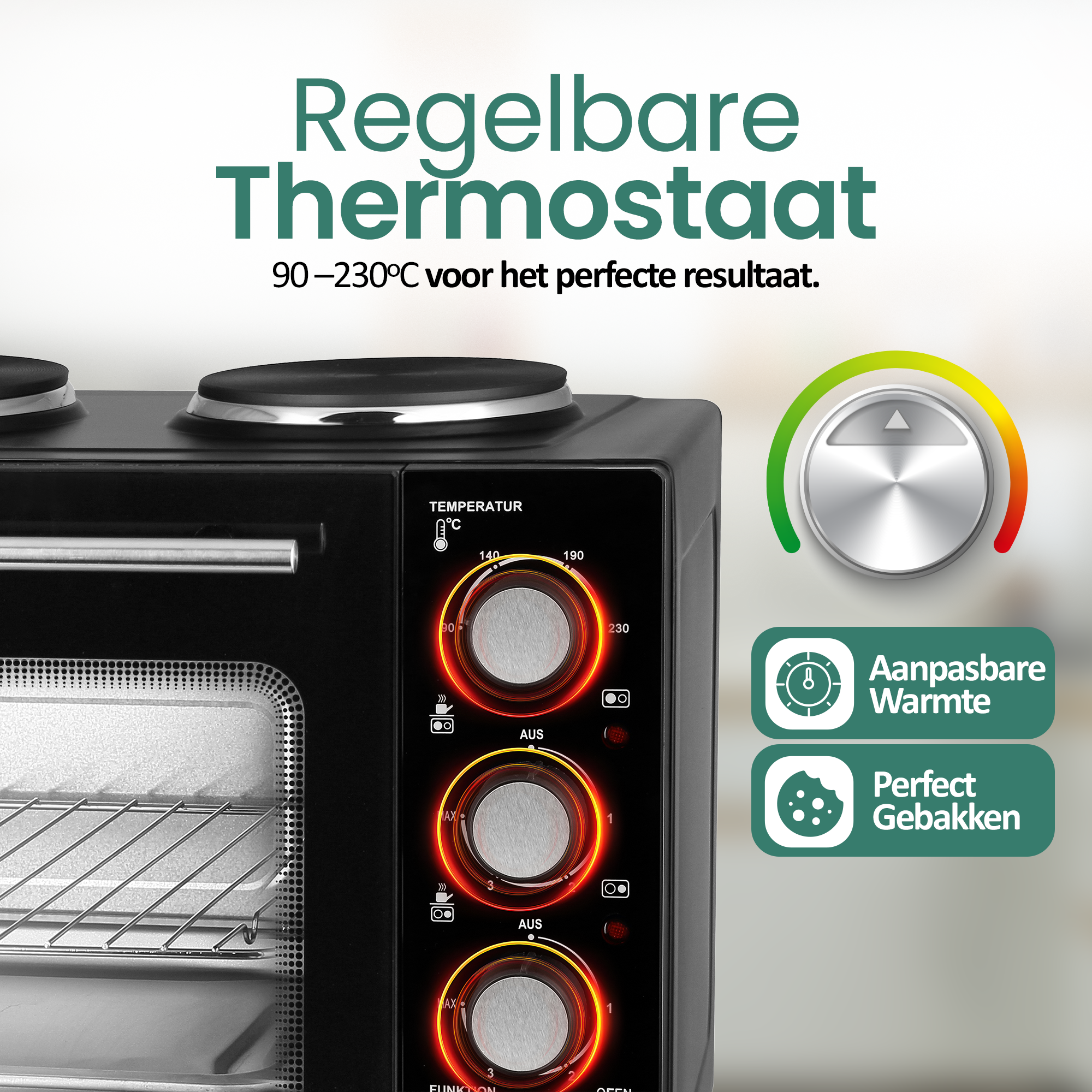 Zwarte oven met temperatuurknoppen en instelbare warmte-instellingen. Tekst: Regelbare Thermostaat, 90-230°C.