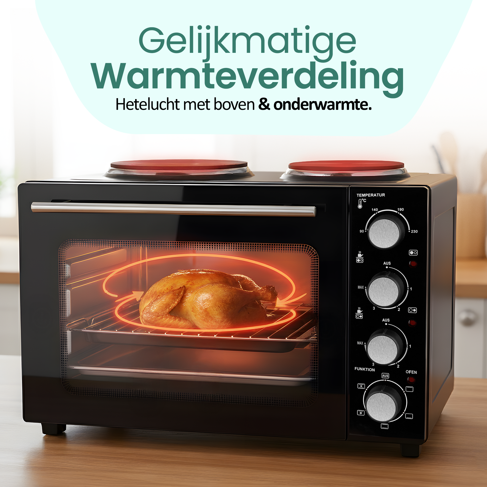 Zwarte oven met gebraden kip. Twee rode kookplaten. Tekst: Gelijkmatige Warmteverdeling.