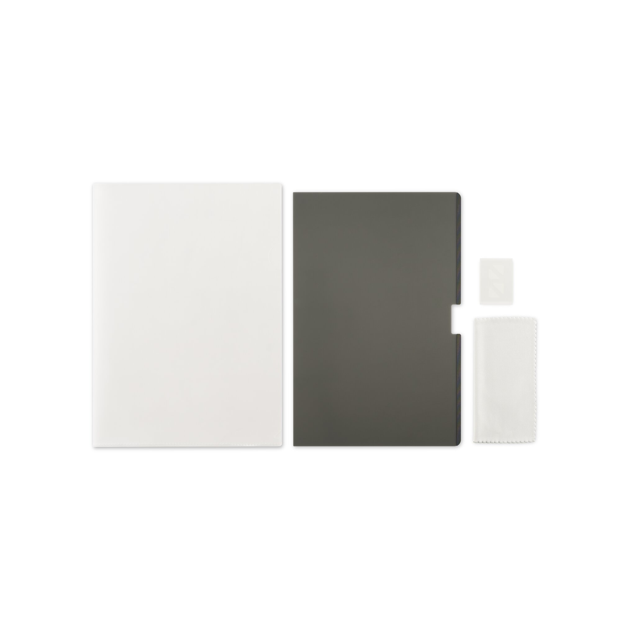 Un rectángulo blanco y otro gris oscuro sobre fondo blanco. Pequeños objetos blancos cerca.