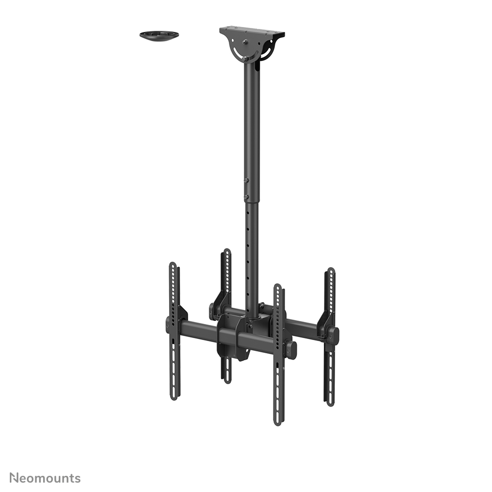 Een zwarte plafondbeugel voor een tv. Het heeft een plafondplaat, een centrale paal en armen om de tv vast te houden.