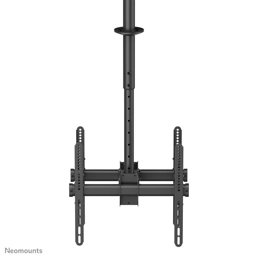 Zwarte plafond TV-beugel. Het heeft een verticale paal en horizontale armen. De beugel is ontworpen voor een flatscreen TV.