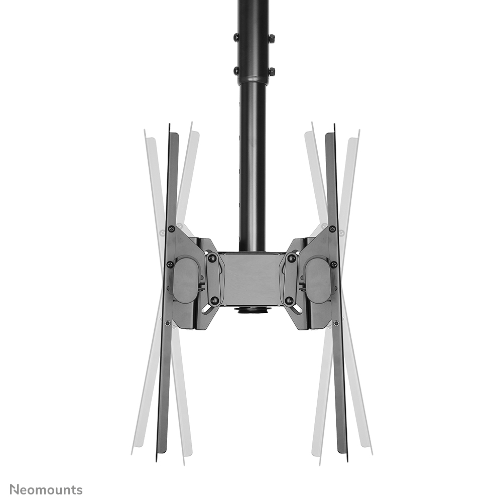 Een plafondbeugel voor een tv. Het heeft een zwarte paal, een zilveren montageplaat en verstelbare armen voor de tv.