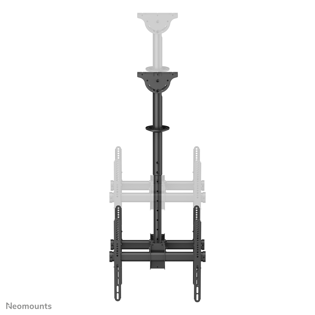 Een zwarte plafondbeugel voor een tv. Het heeft een verticale paal en verstelbare armen om de tv vast te houden. De achtergrond is wit.