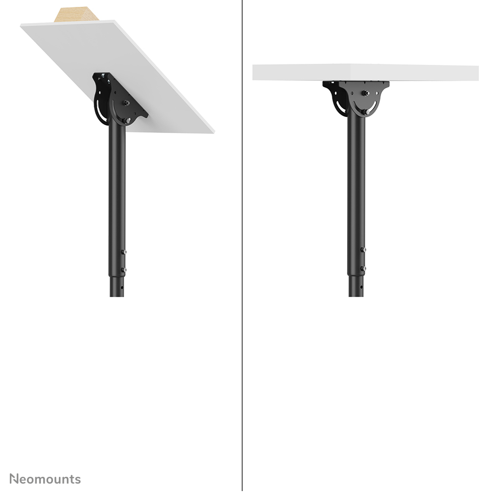 Twee weergaven van een wit bord en een houten blok op een zwarte verstelbare standaard. De standaard is met een zwarte beugel aan het bord bevestigd.