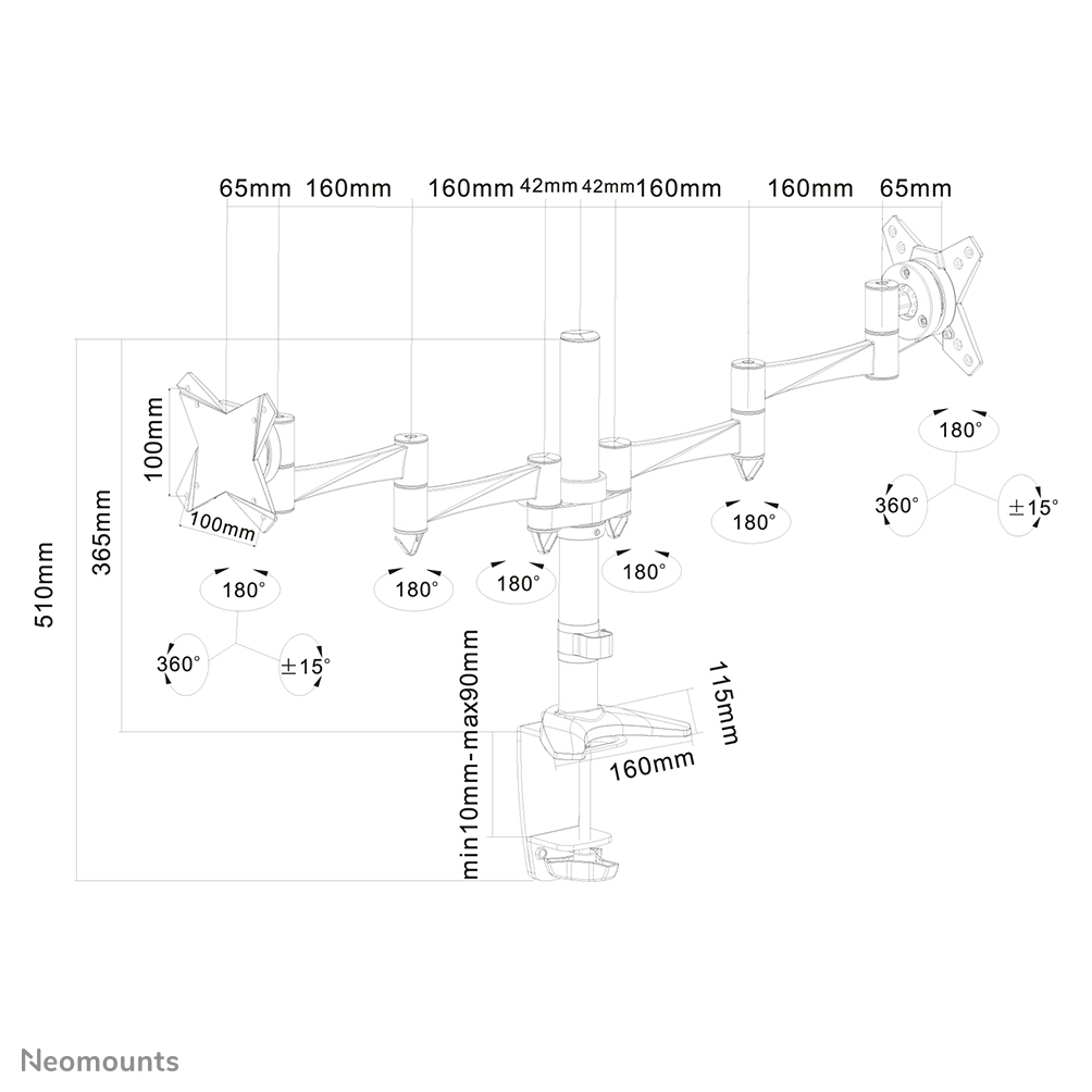 Diagram van een monitorbeugel met afmetingen in millimeters. Toont rotatiehoeken en maatvoeringen voor elk onderdeel.
