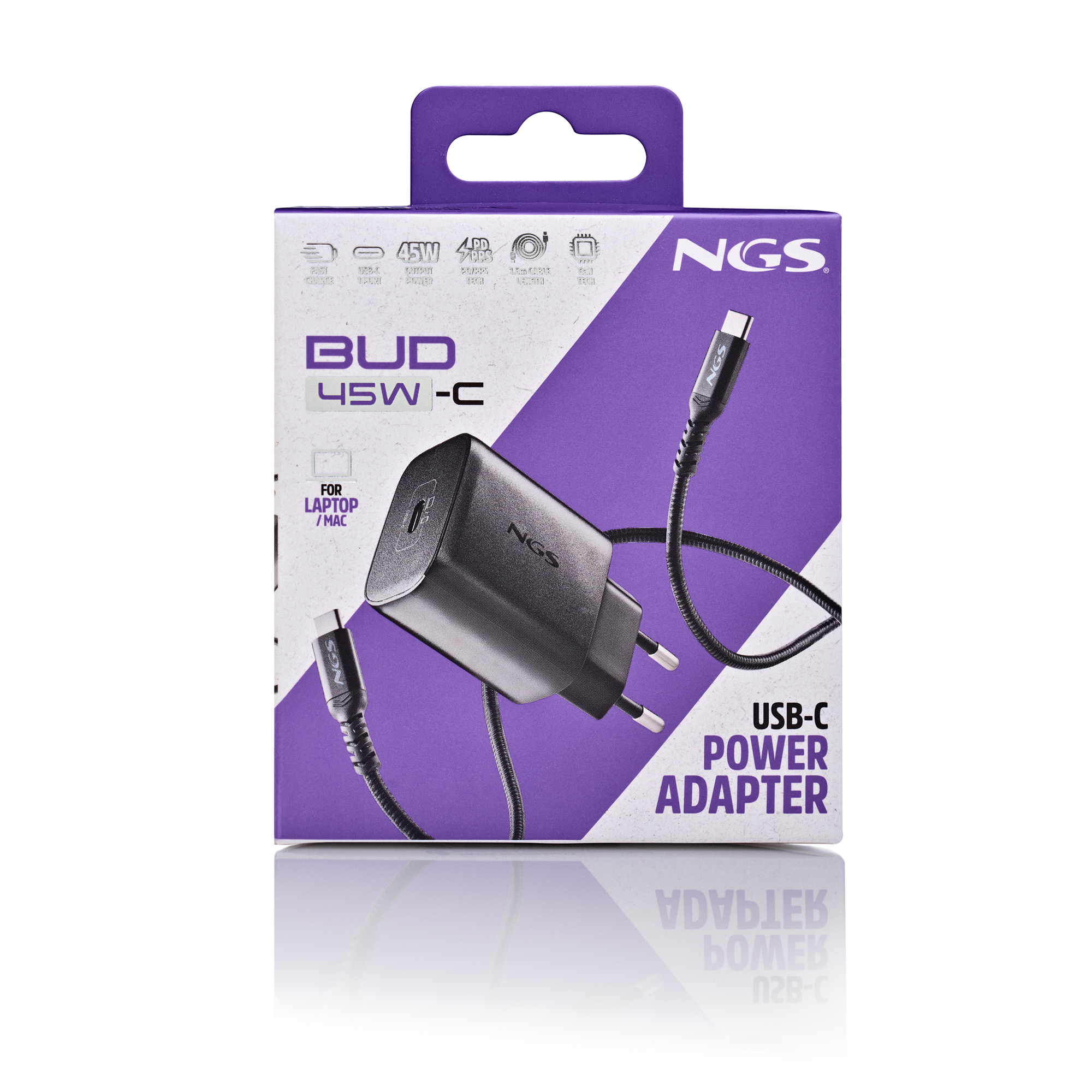 Una scatola con un adattatore di alimentazione USB-C nero. Il testo include 'NGS', 'BUD 45W-C' e 'USB-C POWER ADAPTER'. Sfondo viola.