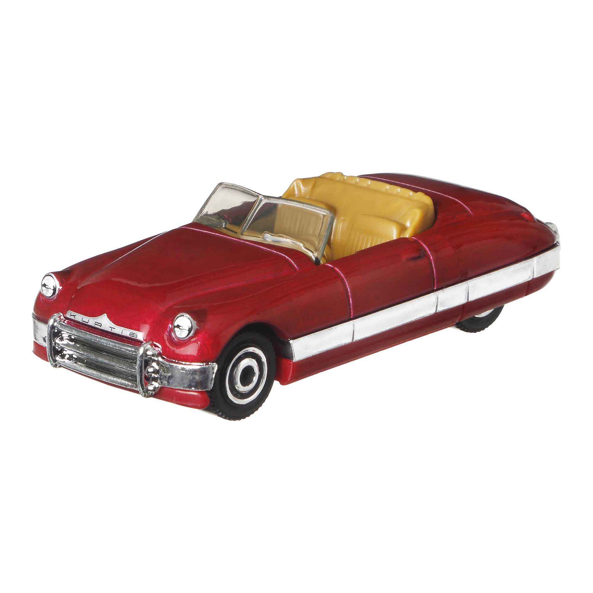 Un coche de juguete rojo con interior amarillo y detalles plateados sobre fondo blanco.
